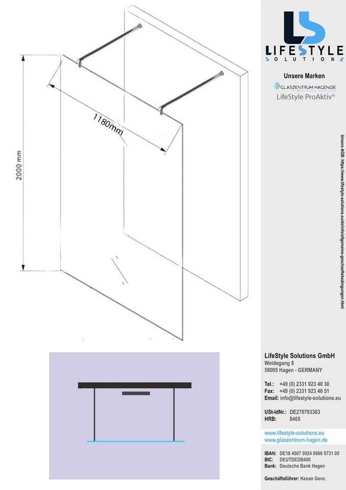 Thumbnail - Glaszentrum Hagen Walk-in-Dusche Glaszentrum Hagen "Jade" 118x200cm 10mm Freistehende Walk in Duschwand