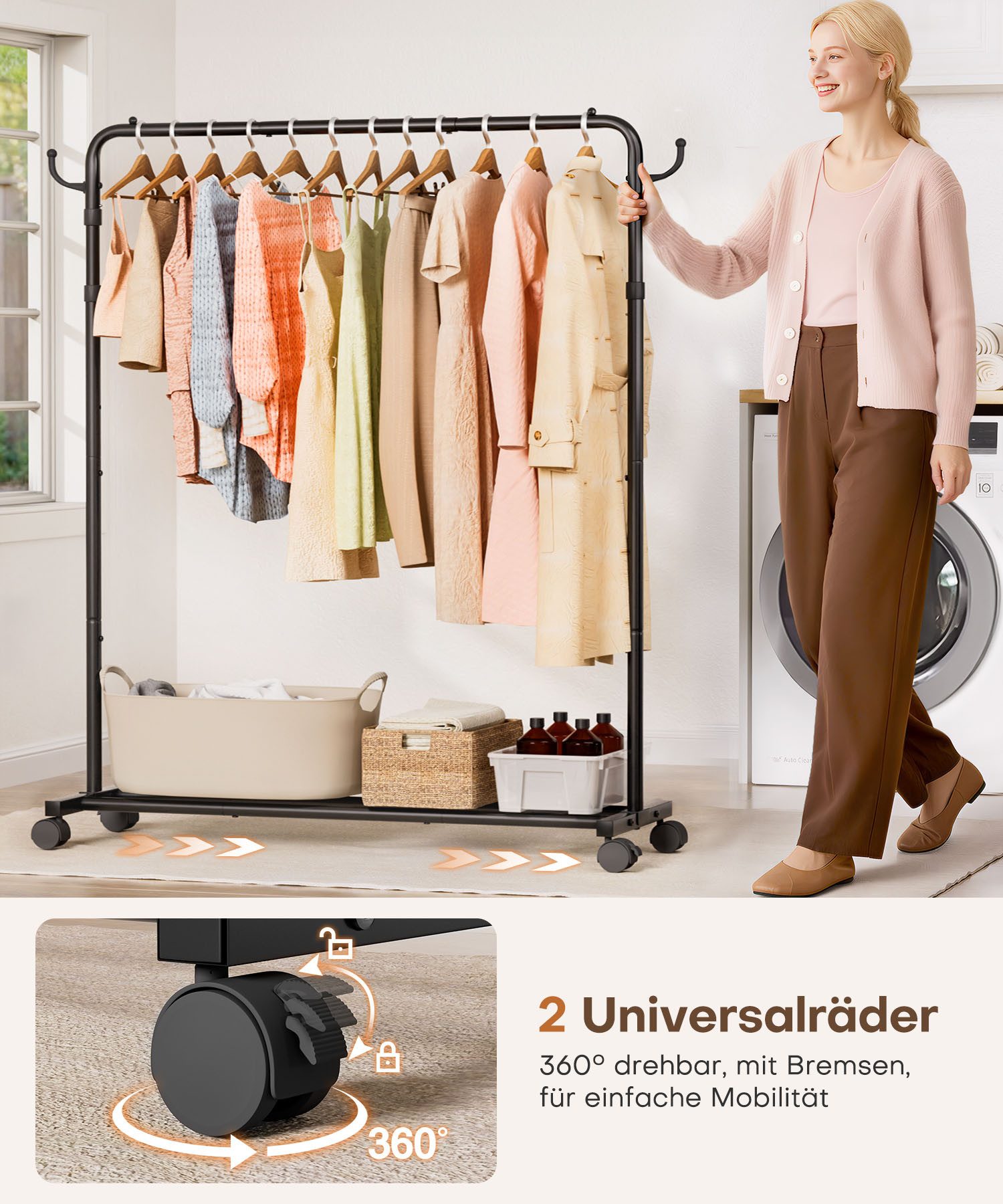 Yorbay Kleiderständer Garderobenständer auf Rollen, bis 50 kg belastbar, Höhe verstellbar, 132cm breit, Schwarz