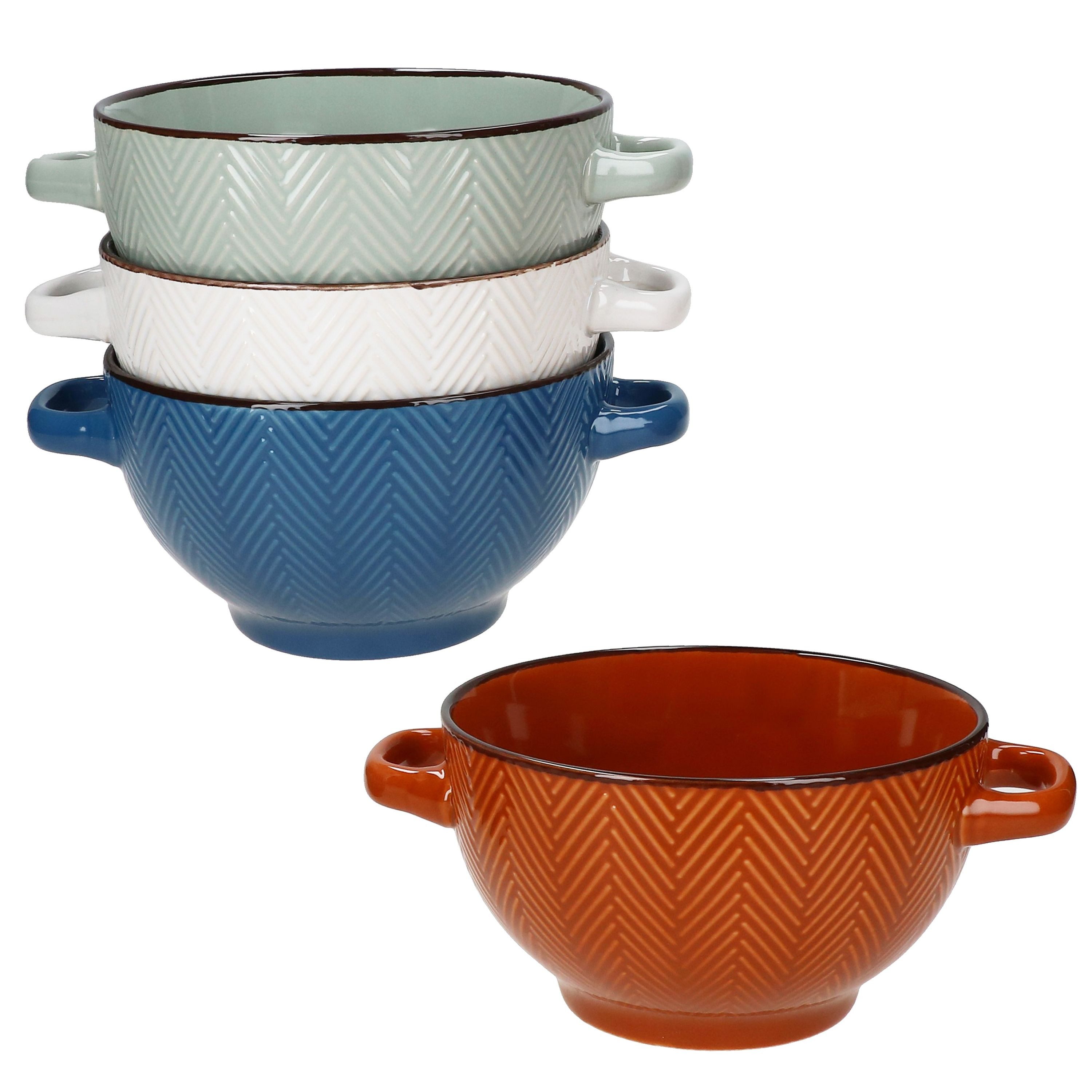 MamboCat Suppenschüssel MamboCat 4x Chevron Suppentassen 450ml Blau Braun Olivgrün Weiß, Keramik