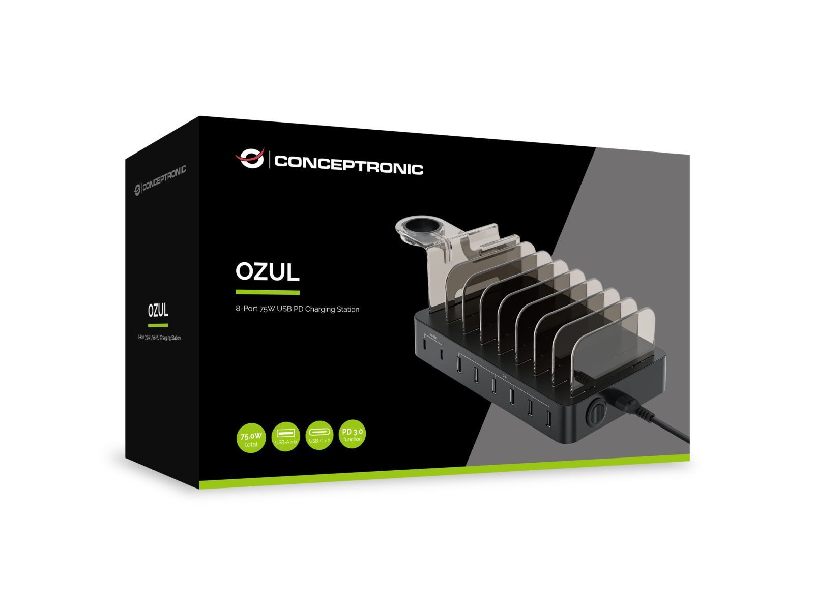 Conceptronic OZUL - Ladestation - 75 Watt - PD 3.0 - 8 Ausgabeanschlussstellen (6 x Smartphone-Ladegerät