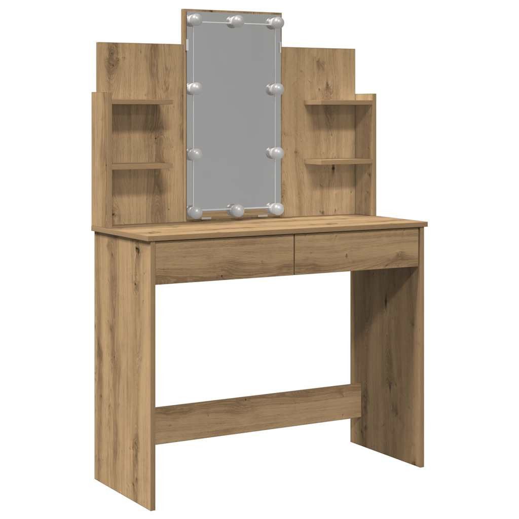 furnicato Schminktisch mit Spiegel 96x40x142 cm in Artisan-Eiche (1-St), Frisiertisch mit LED-Beleuchtung, 2 Schubladen und USB-Anschluss
