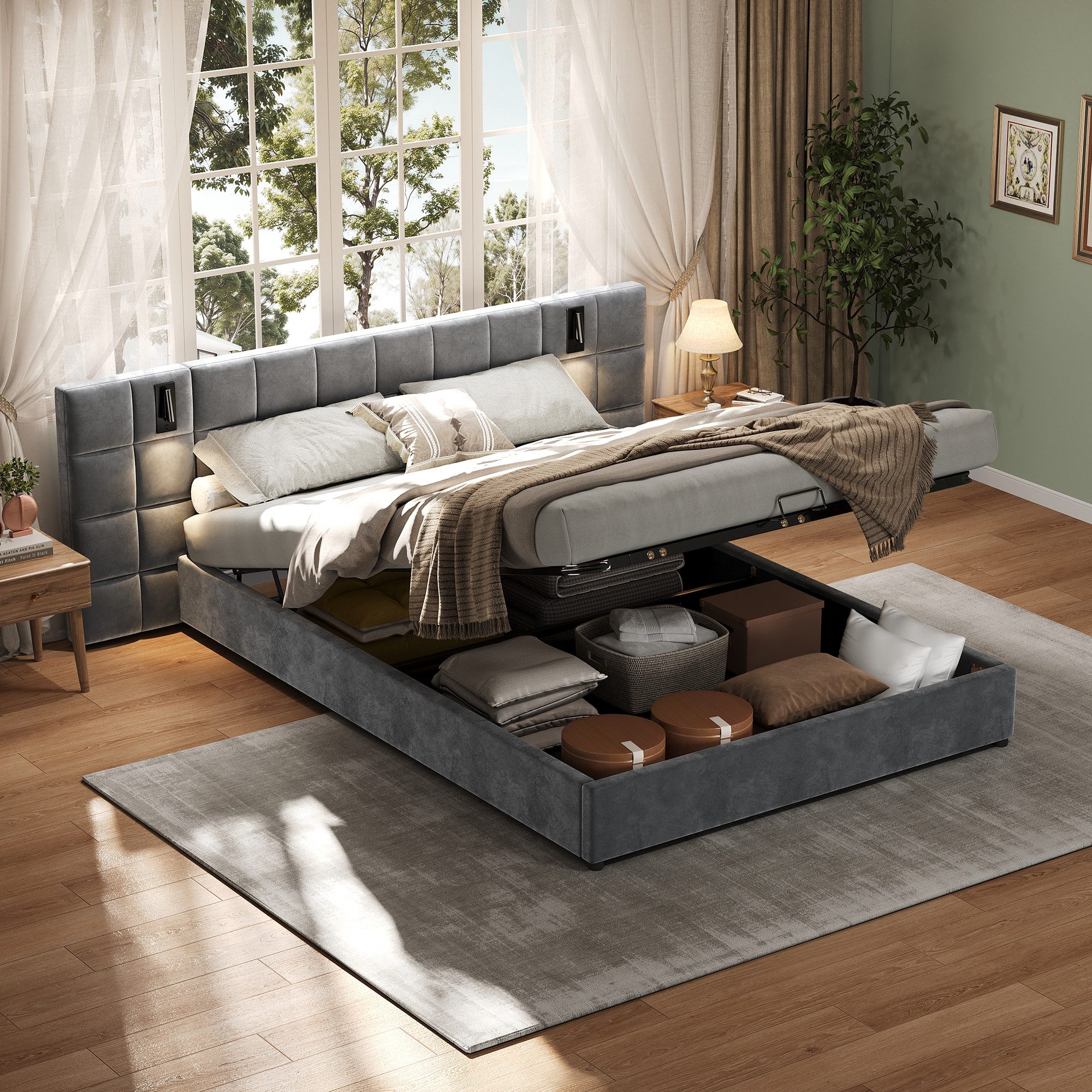 Flieks Polsterbett, Stauraumbett Leselicht & USB-Anschluss 180x200cm Samt o günstig online kaufen