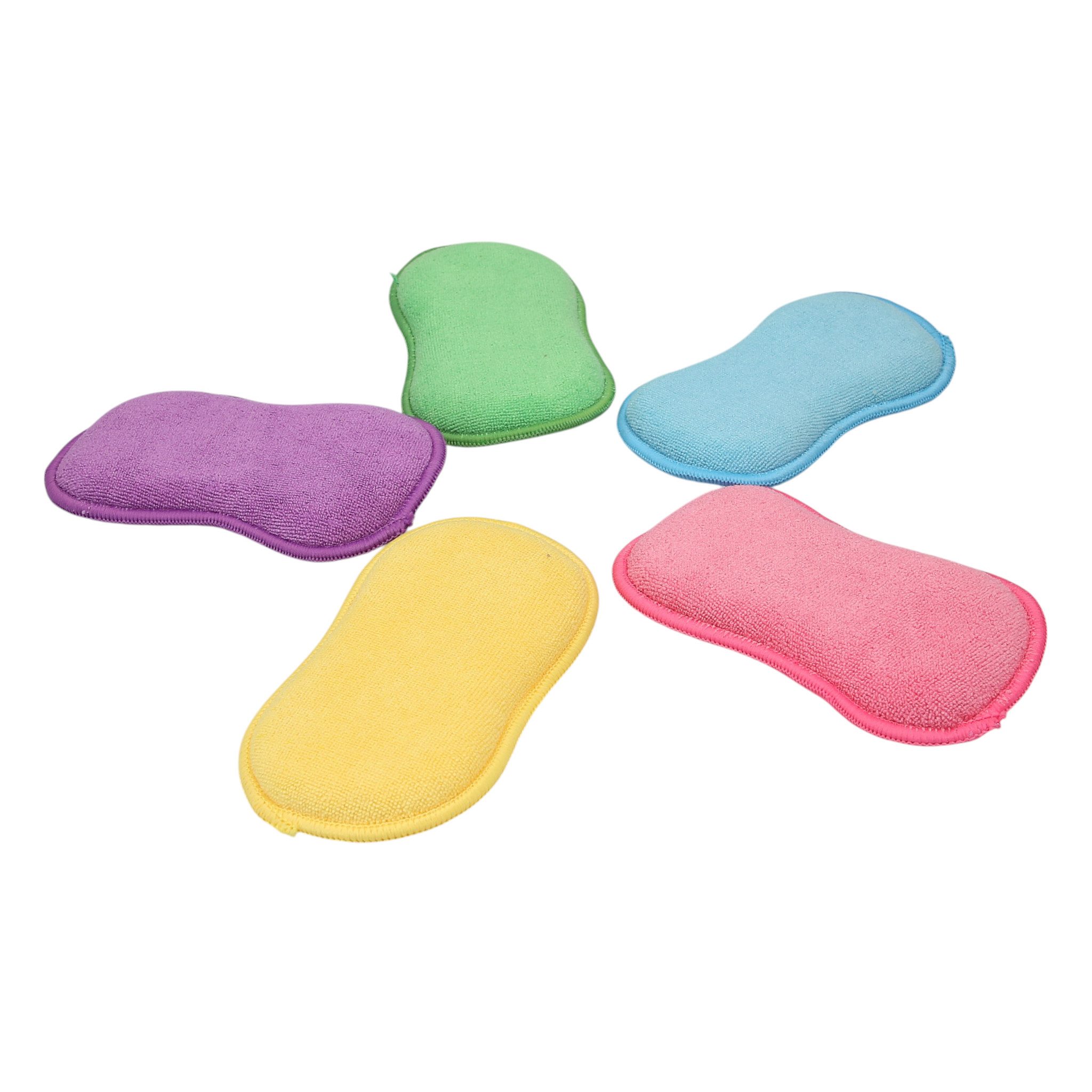Genius Geschirrschwamm Mikrofaser-Schwamm 2in1, 5-teilig, 100% Polyester, bunt, 2in1 Schwamm, grobe und weiche Seite, waschbar, wiederverwendbar