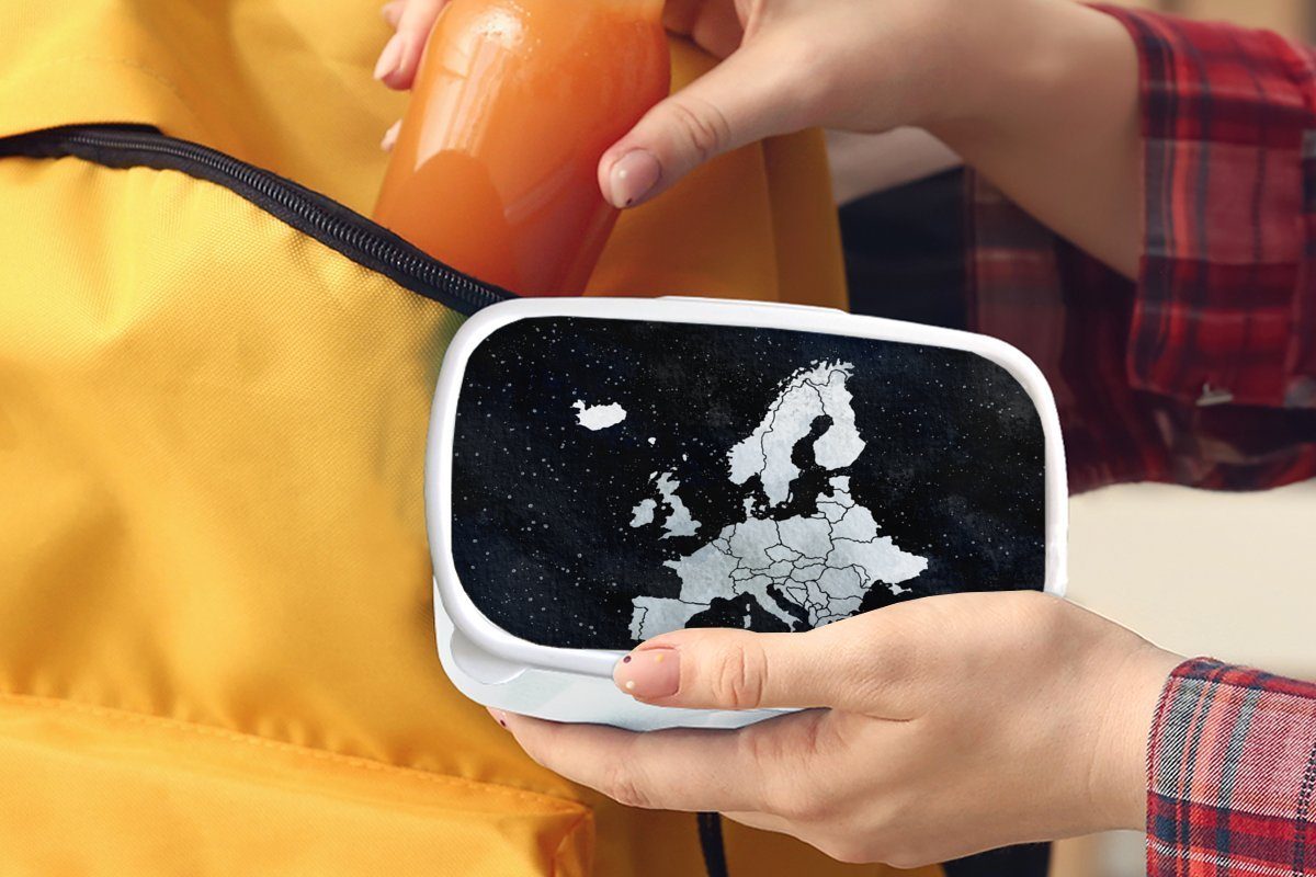 MuchoWow Lunchbox Karte Europa - Jungs - (2-tlg), Brotdose, Kunststoff, für für Kinder Aquarell, Brotbox Erwachsene, Sternenhimmel Mädchen und weiß und