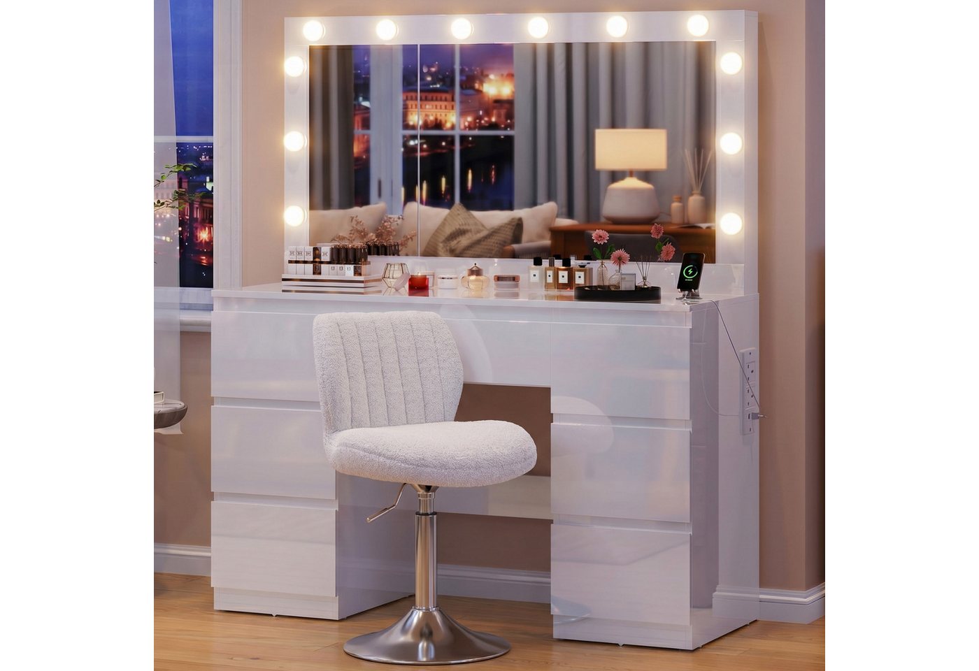 HOMALL Schminktisch mit großem Spiegel, 120 cm, 7 Schubladen, Schmuckschrank (XXL-Spiegel 106×51 cm (30×51 aufklappbar m. Schmuckschrank) · 120 cm · 7 Schubladen · LED-Birne · 2 Steckdosen+USB/Type-C · E1-MDF · 2 Farben · Hocker opt)