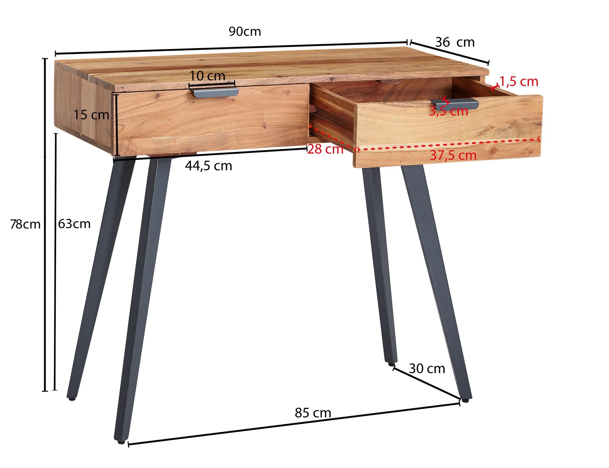FINEBUY Konsolentisch FB59363 90 cm Akazie Schreibtisch Massivholz / Metall (Flurtisch mit Schubladen, Kleiner Schreibtisch), 90 x 78 x 36 cm Akazie Massivholz / Metall Konsole