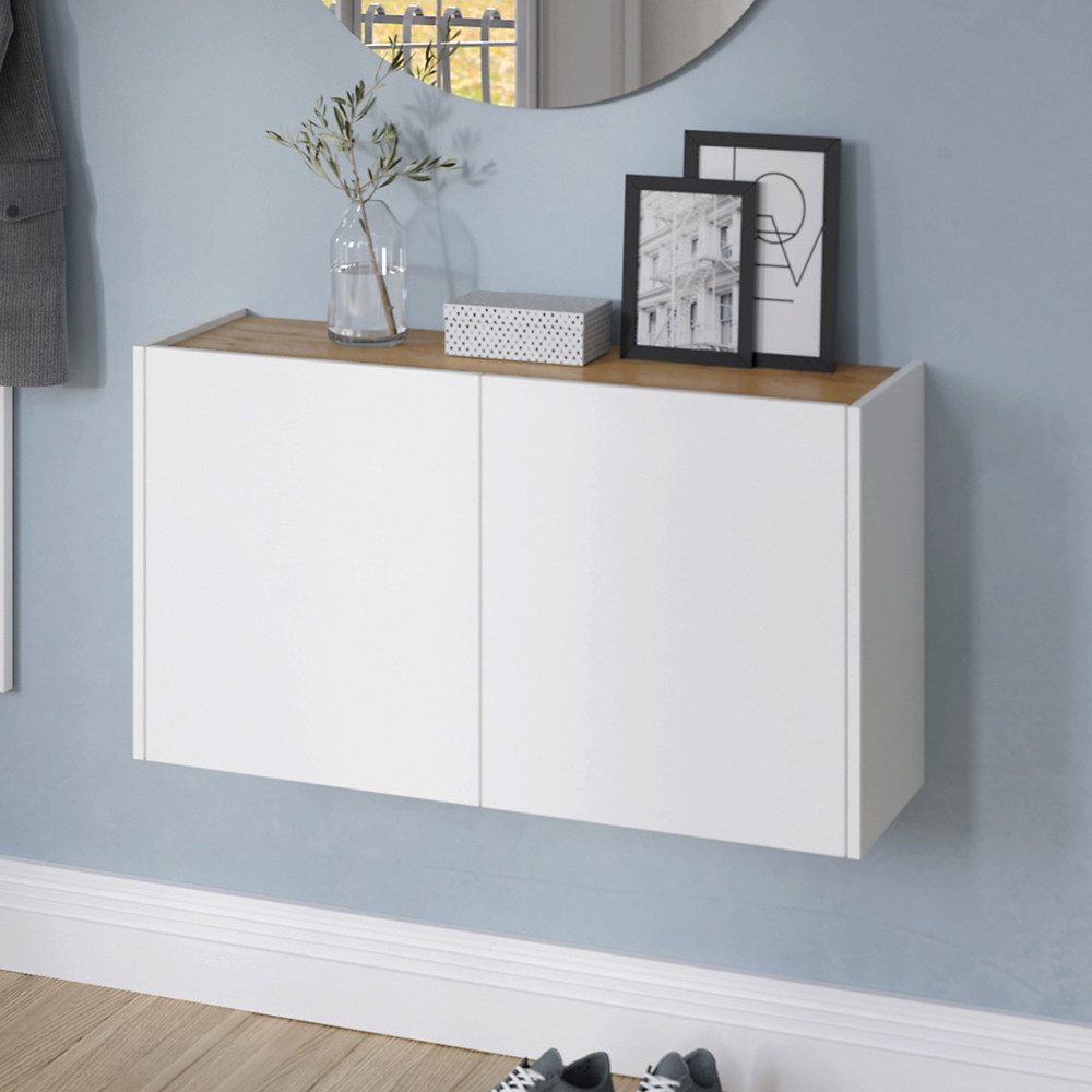 Lomadox Schuhschrank LAPUA-01 93 cm breit in Weiß mit Eiche, wandhängend