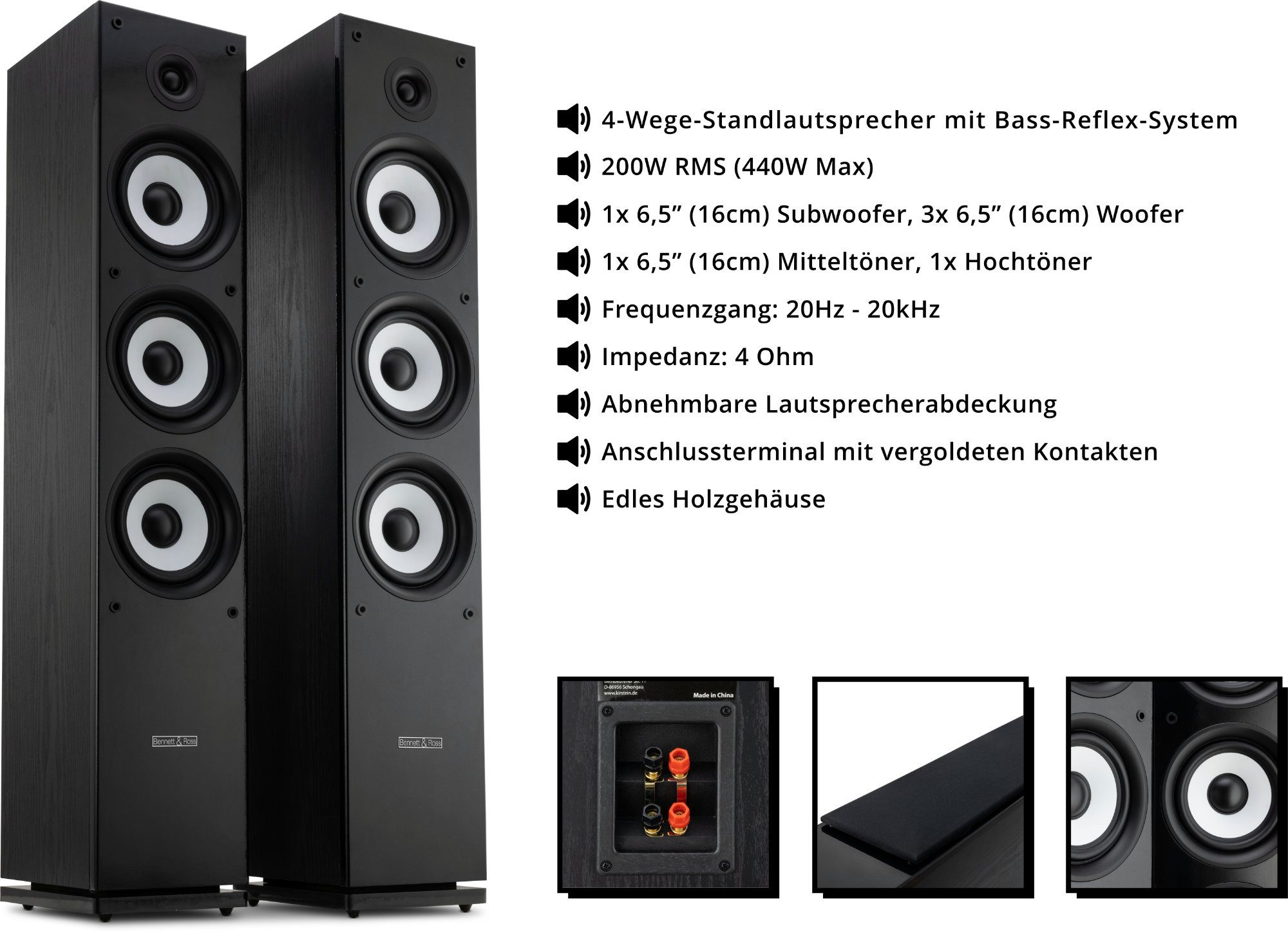 Bennett & Ross Ultrasphere 3-Wege HiFi Boxen Paar, schwarz Stand-Lautsprecher (400 W, mit Bassreflex-Konstruktion, Maserung in Holzoptik, schwarz)