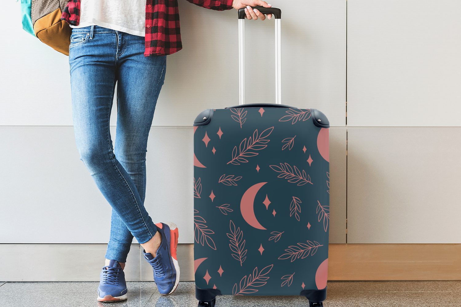 mit Mond 4 MuchoWow Kinder, rollen, - für - Handgepäckkoffer Rollen, Reisekoffer - Handgepäck - Ferien, Mädchen Reisetasche Trolley, Muster Pflanzen