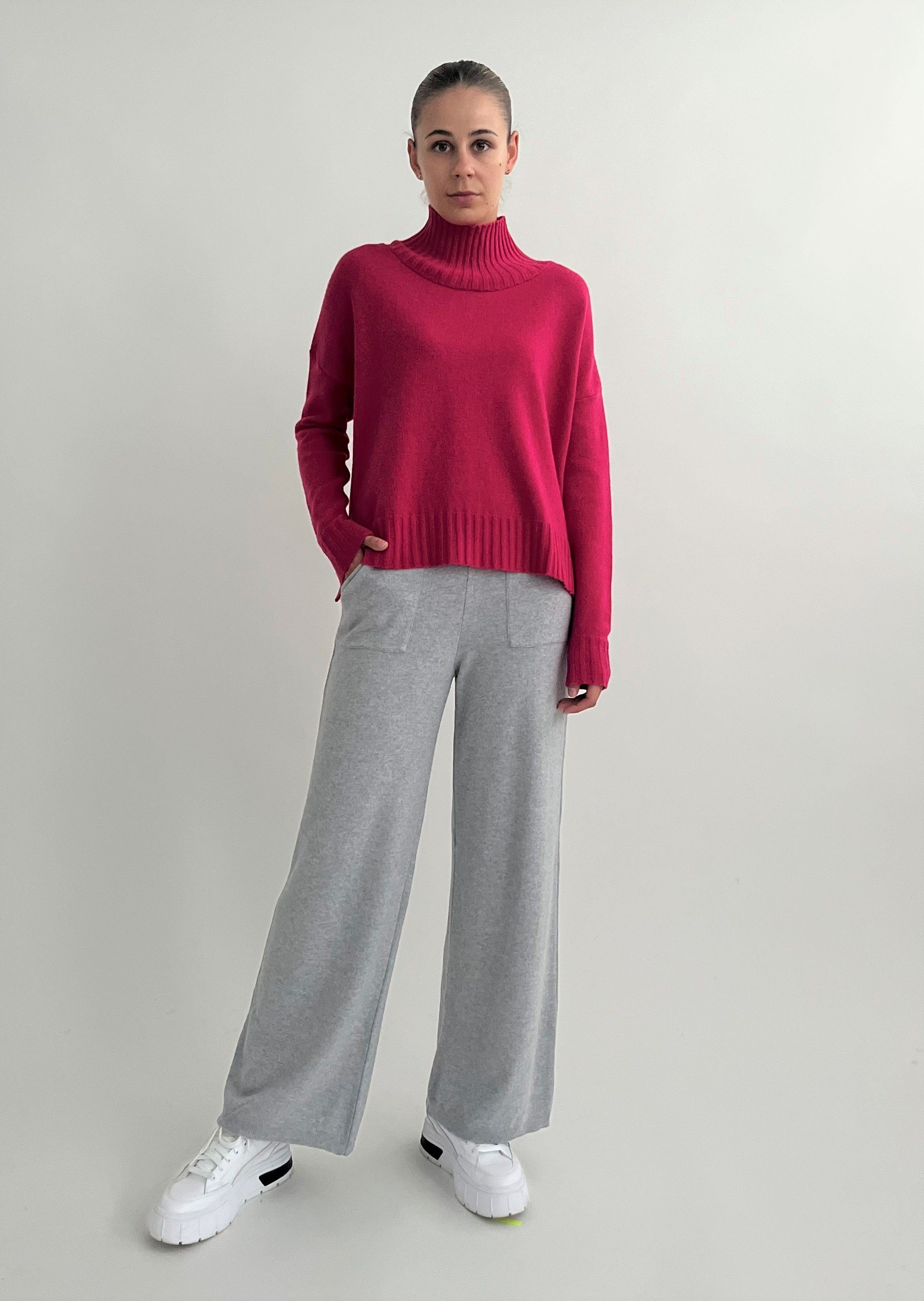 aus Optik und Merinowolle Stehkragenpullover in Melange pink Viskose mit Zuckerwatte Cashmere