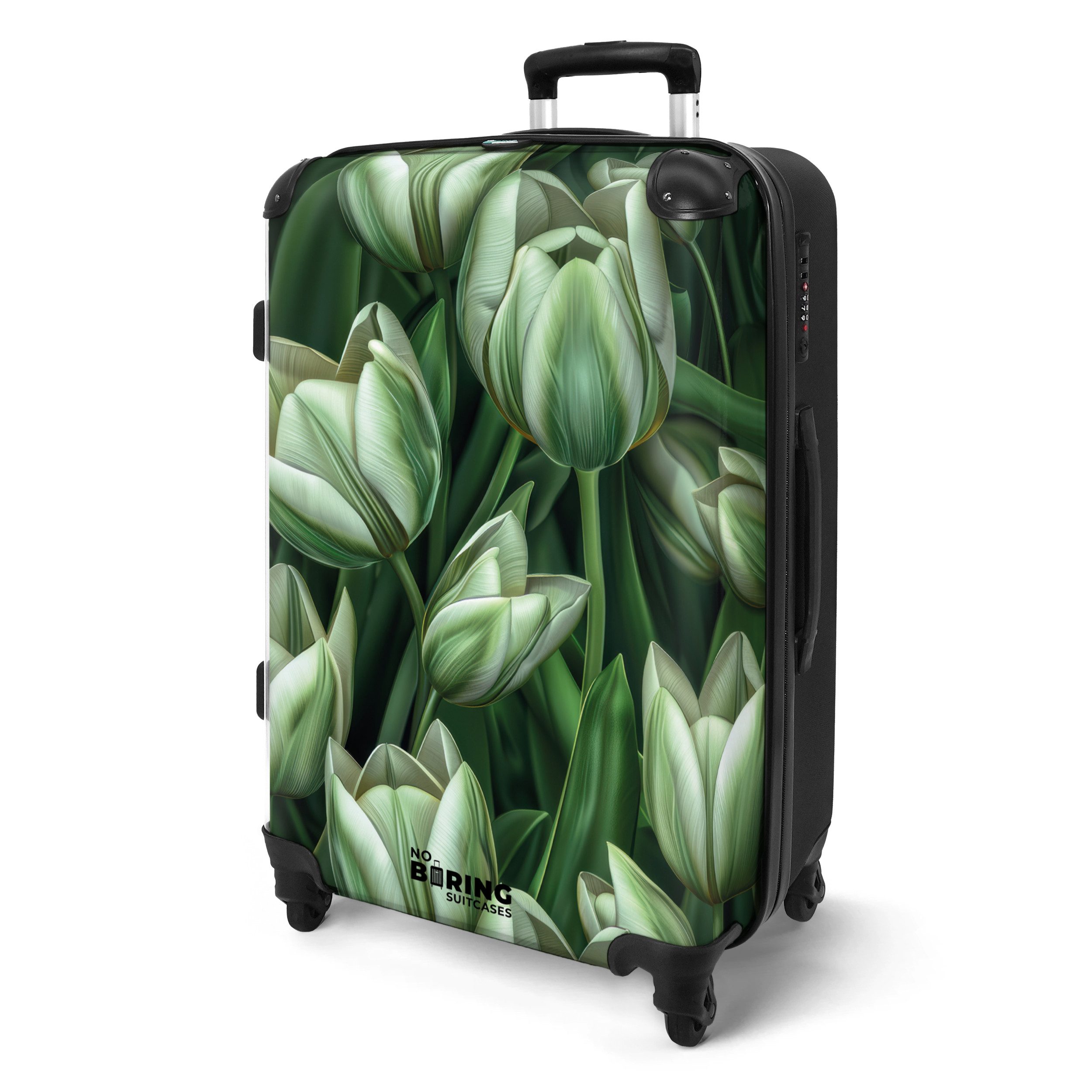 NoBoringSuitcases.com© Hartschalen-Trolley Grün mit weißen Tulpen günstig online kaufen