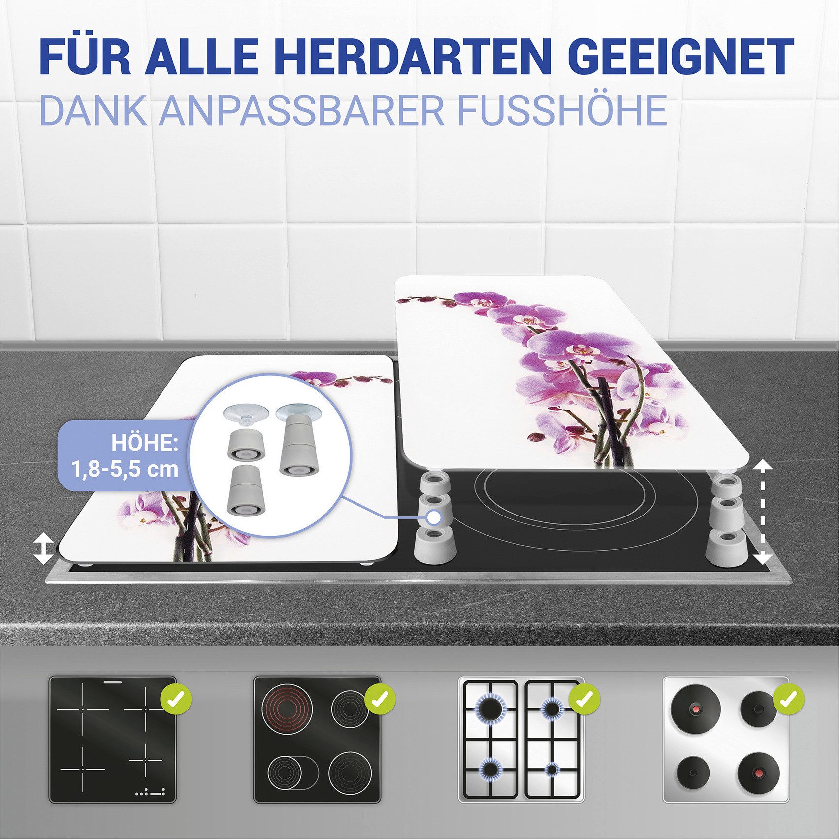 WENKO Herd-Abdeckplatte Universal Modell Orchideenblüte, Glas, (Set, 2 tlg), Herdabdeckung für alle Herdarten, kratzfest, mit rutschfesten Füßen
