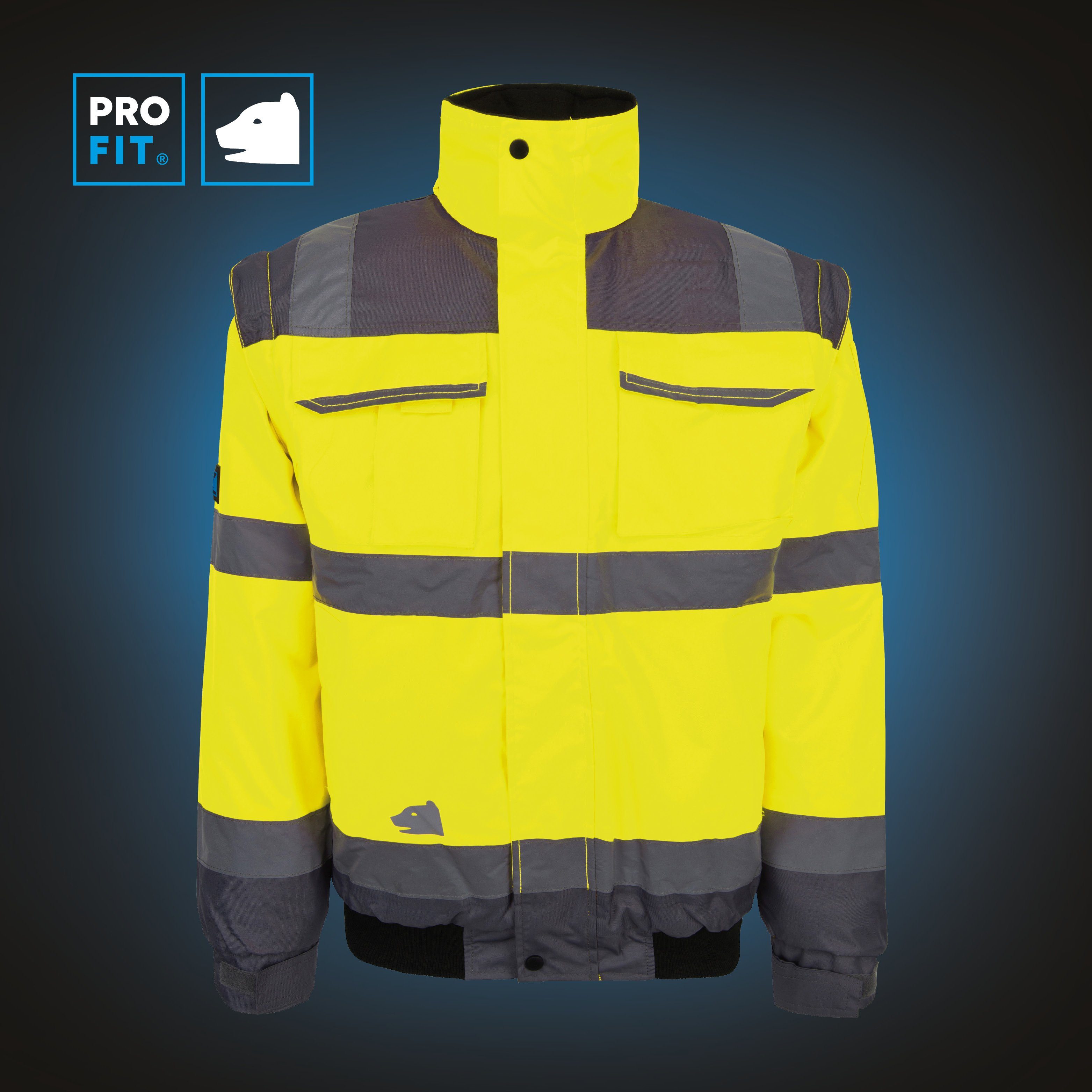 PRO FIT by Fitzner work jacket, high-visibility pilot jacket, breathable, unisex, neon yellow/grey (1 pc), wind and water resistant, detachable sleeves, reflective stripes
