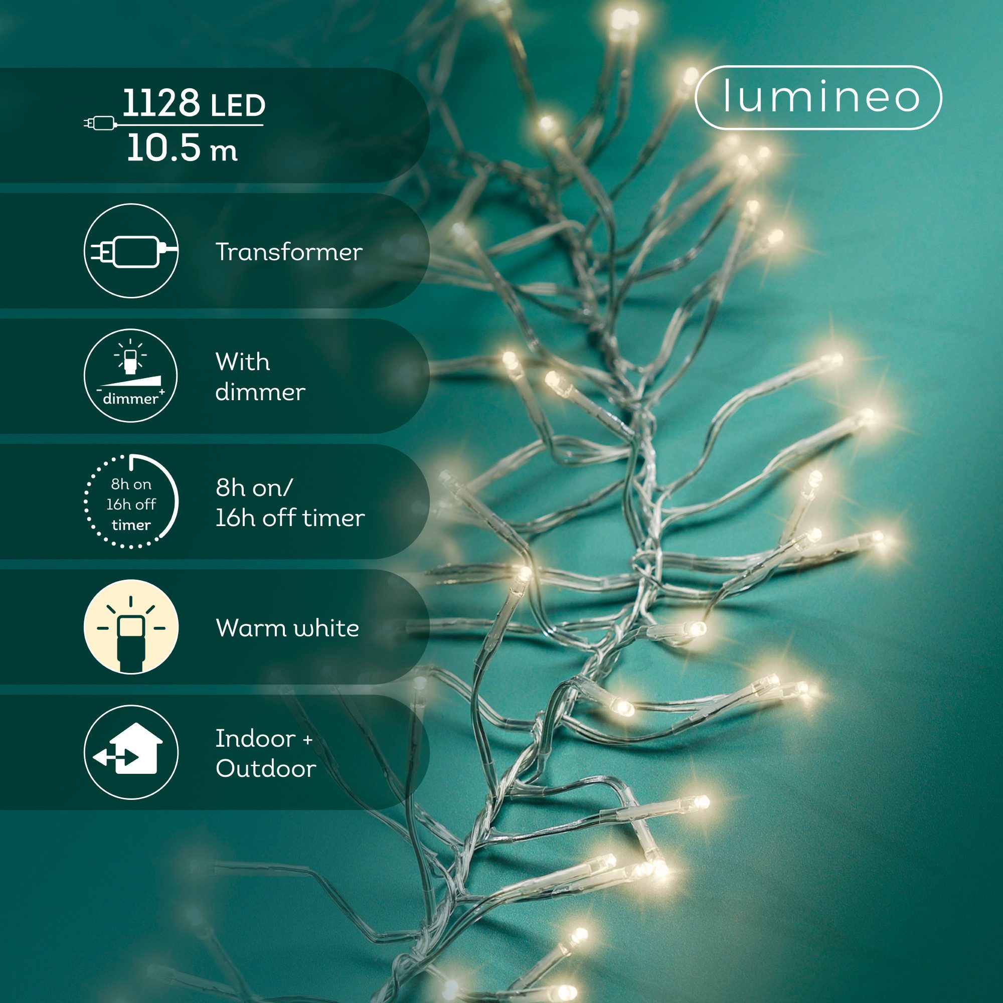 Lumineo LED-Lichterkette Lumineo Lichterkette CLUSTER 1128 LED 10,5 m warm weiß, transp. Kabel, Indoor/Outdoor, dimmbar, 8h-Timer, + 5 m Zuleitung – Bild 2 von 5
