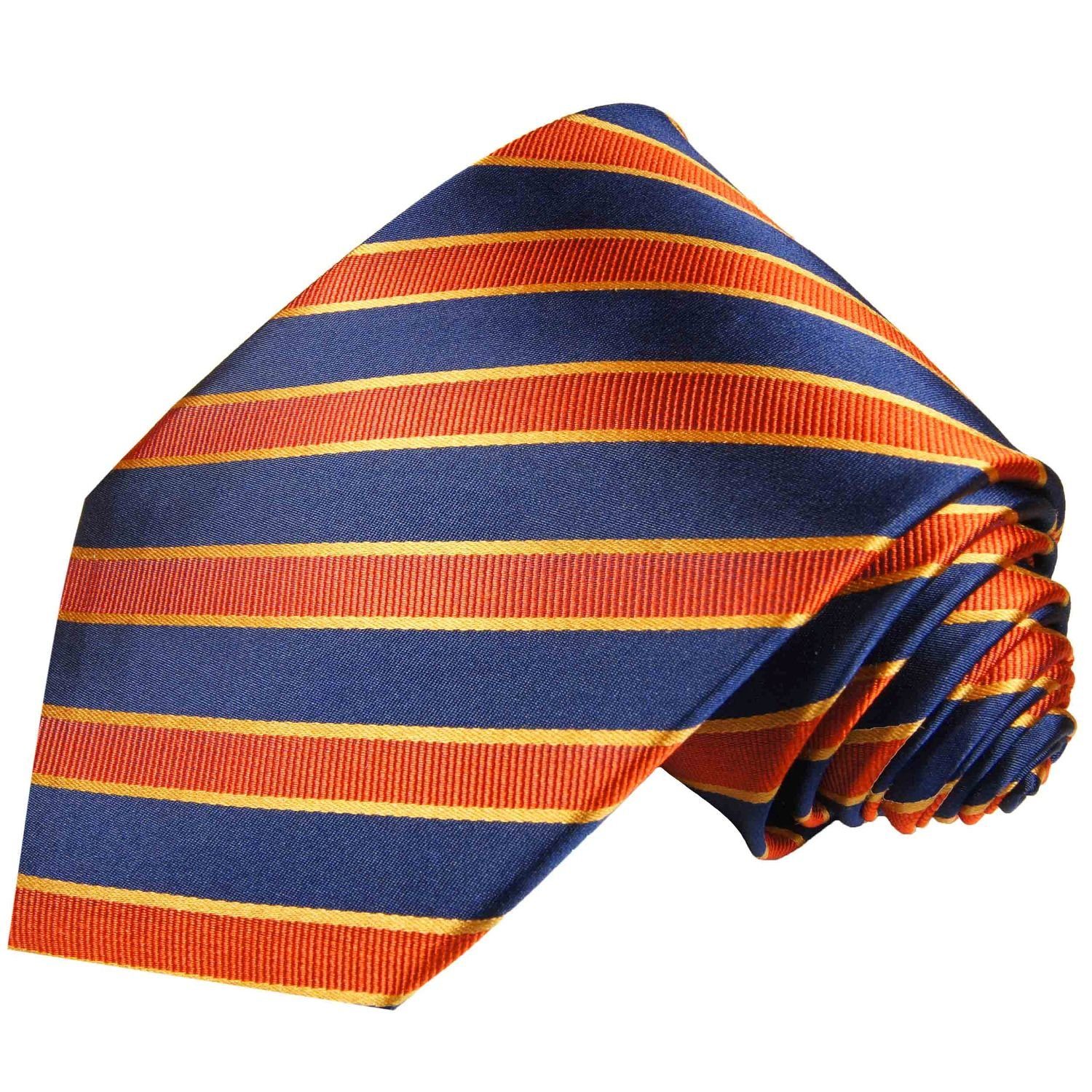 Schlips und Seide gestreift 2-St., modern 100% mit blau 728 Tuch Einstecktuch) Krawatte (Set, Herren Breit Malone Seidenkrawatte Paul (8cm), Krawatte orange