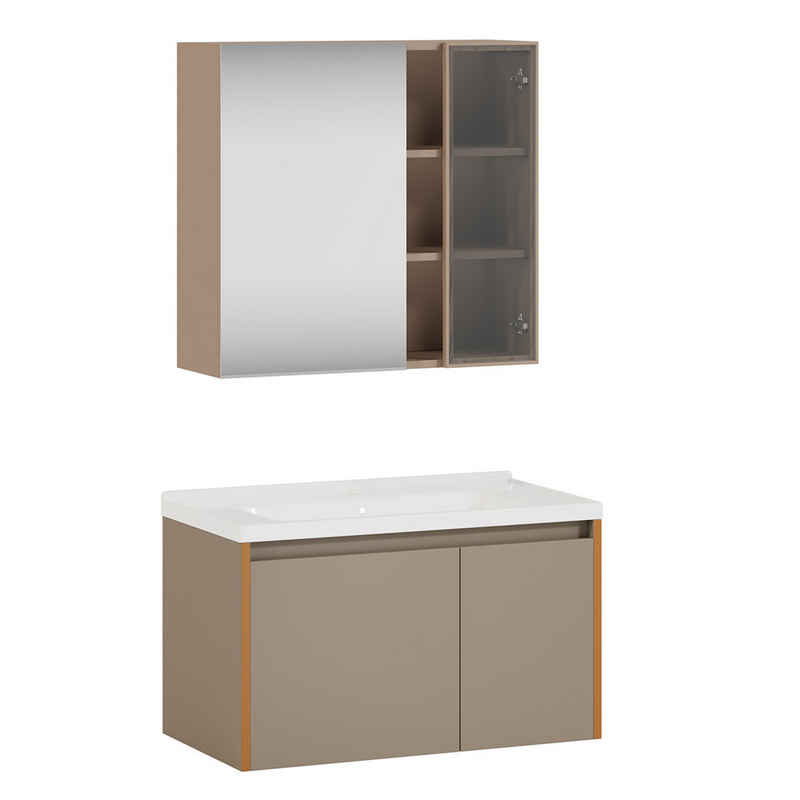 Sweiko Waschbeckenunterschrank Badezimmer Badmöbel Set :Waschbeckenunterschrank hängend 90cm breit (mit Keramikwaschbecken,Schubladen,Spiegelschrank) Hellbraun