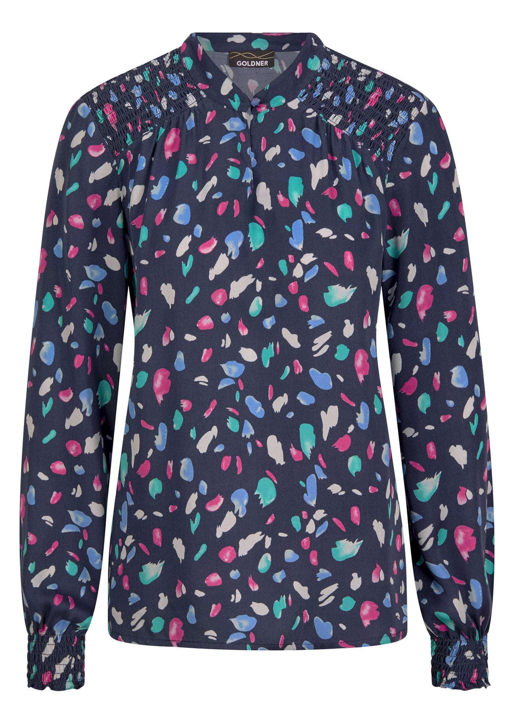 GOLDNER Klassische Bluse Elegante Satinbluse mit Smok-Details Viskosebluse mit Tupfenmuster, Stehkragen und Langarm