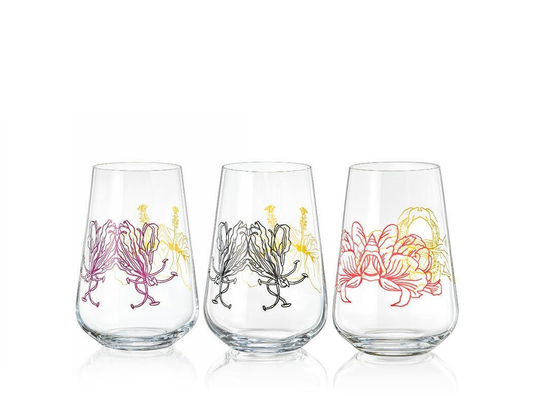 Crystalex Longdrinkglas Adele Longdrinks 380 ml 6er Set, 6-tlg., Kristallglas, Kristallglas, schwarz-gold, lila-gold, rot-gold, Blumenmotiv