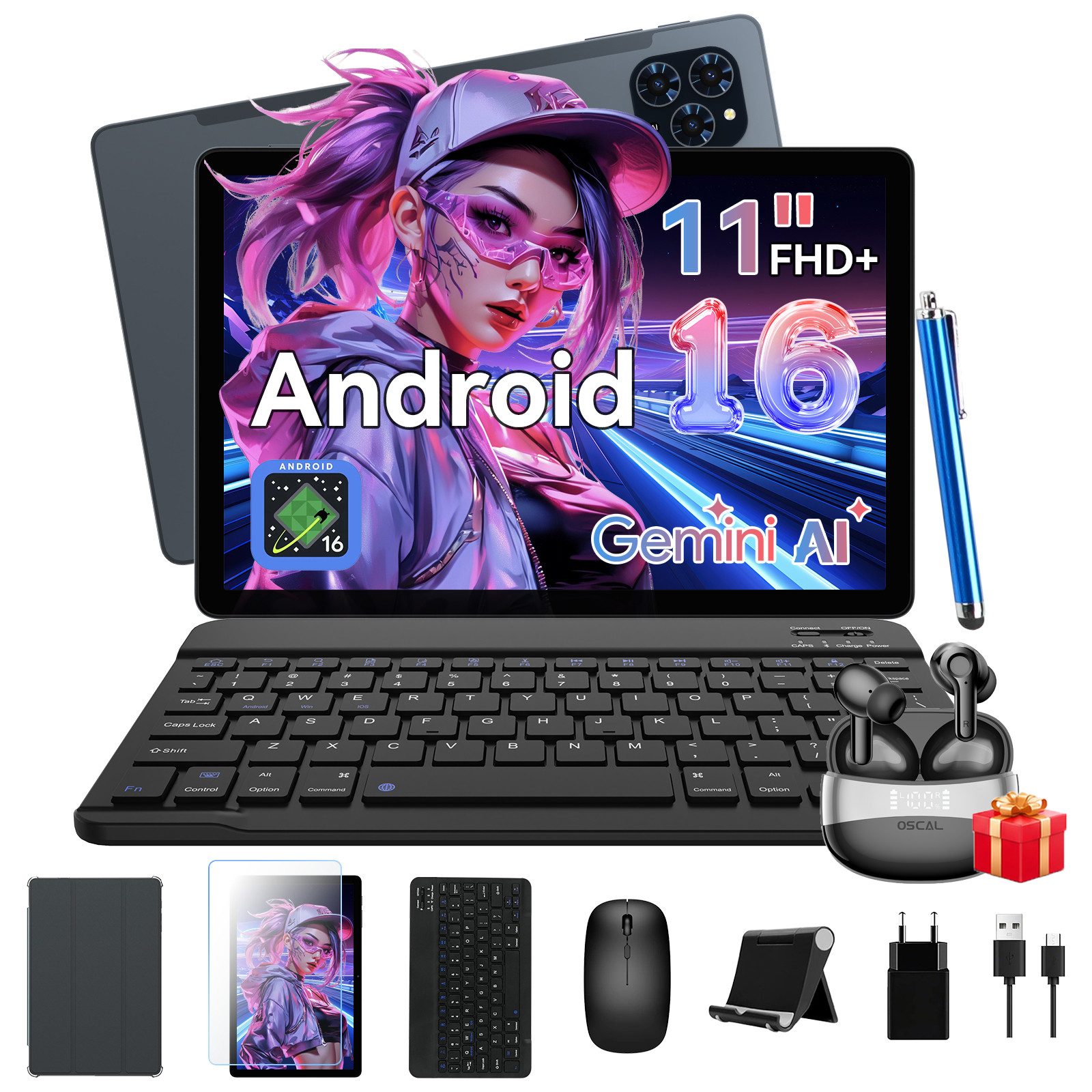 Zenva T90 11 Zoll Android 16 FHD IPS 128GB mit Tastatur Stift Maus Tablet (11", 128 GB, Android 16, FHD Display, Widevine L1, Gemini AI, mit Tastatur/Hülle/Maus)