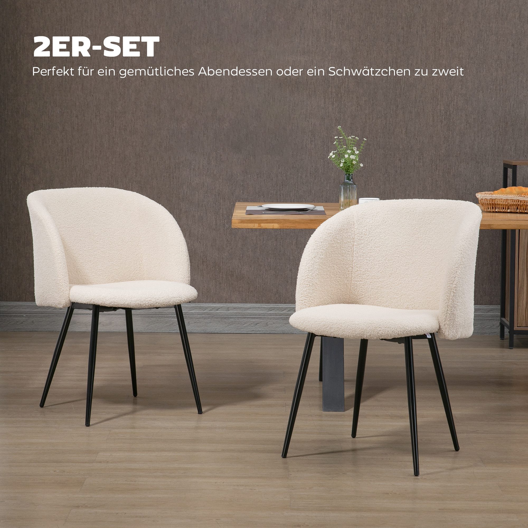 HOMCOM Esszimmerstuhl Küchenstuhl mit Rückenlehne, Lammwoll-Optik, modern Polsterstuhl (2er Set Esszimmerstühle, 2 St), Stühle für Esstisch Esszimmer, Cremeweiß – Bild 4 von 5