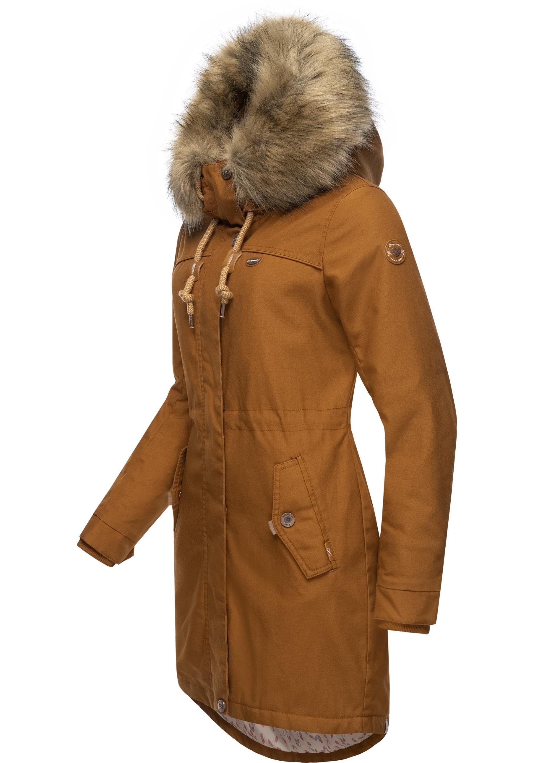 Ragwear Winterjacke Tawny stylischer Winterparka Kapuze großer Kunstfellkragen ocker und mit