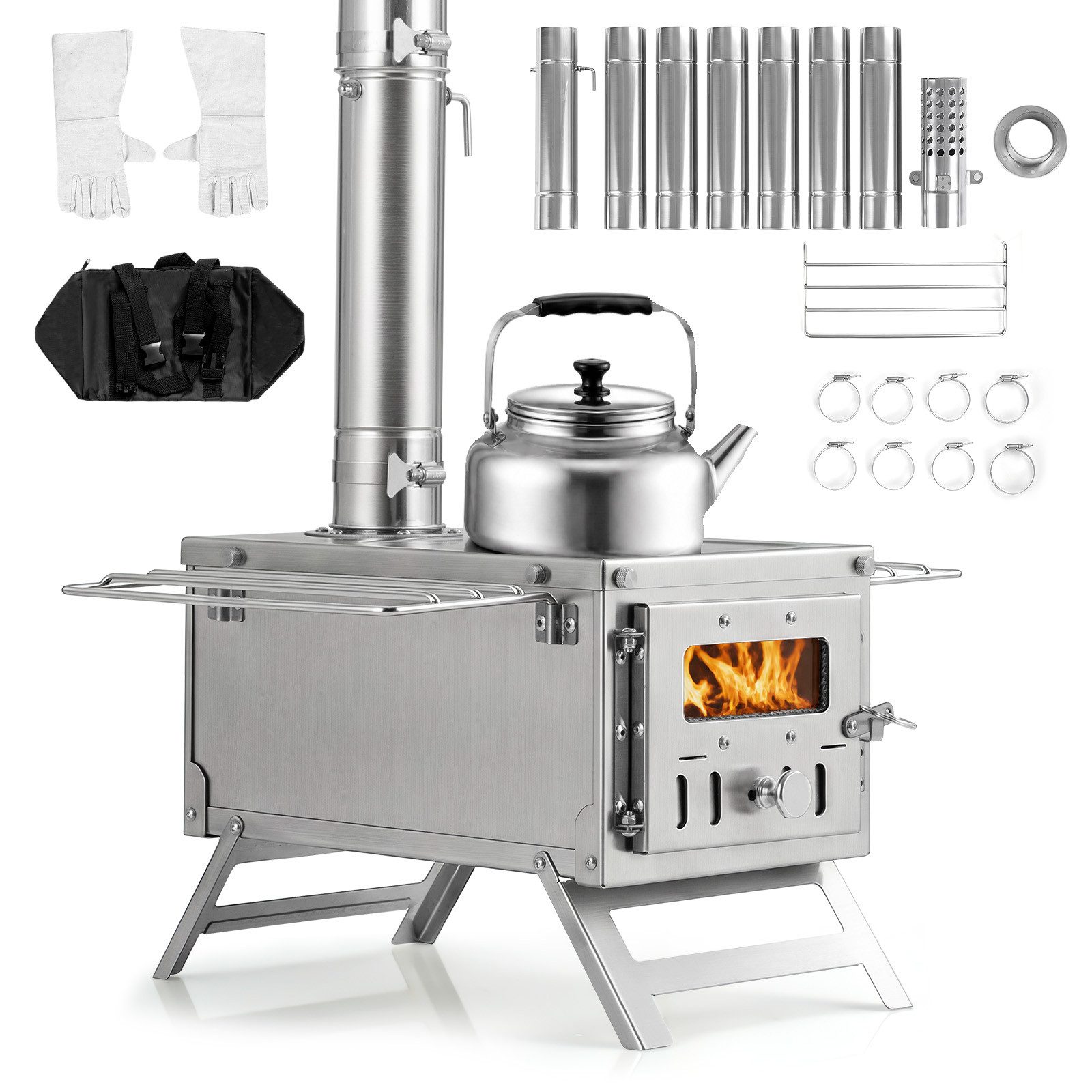 COSTWAY Holzkohlegrill Holzofen tragbar mit 7 Rauchrohren, Funkenfänger