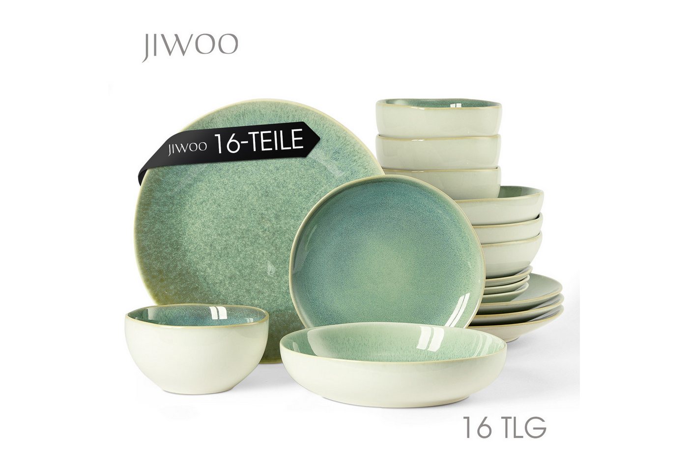 JIWOO Geschirr-Set 16er Kombiservice Teller-Set Tafelservice Schüssel-Set Speiseteller (16-tlg), 4 Personen, Keramik, Hochwertiges Geschirr set Grün Mikrowellen spülmaschinenfest