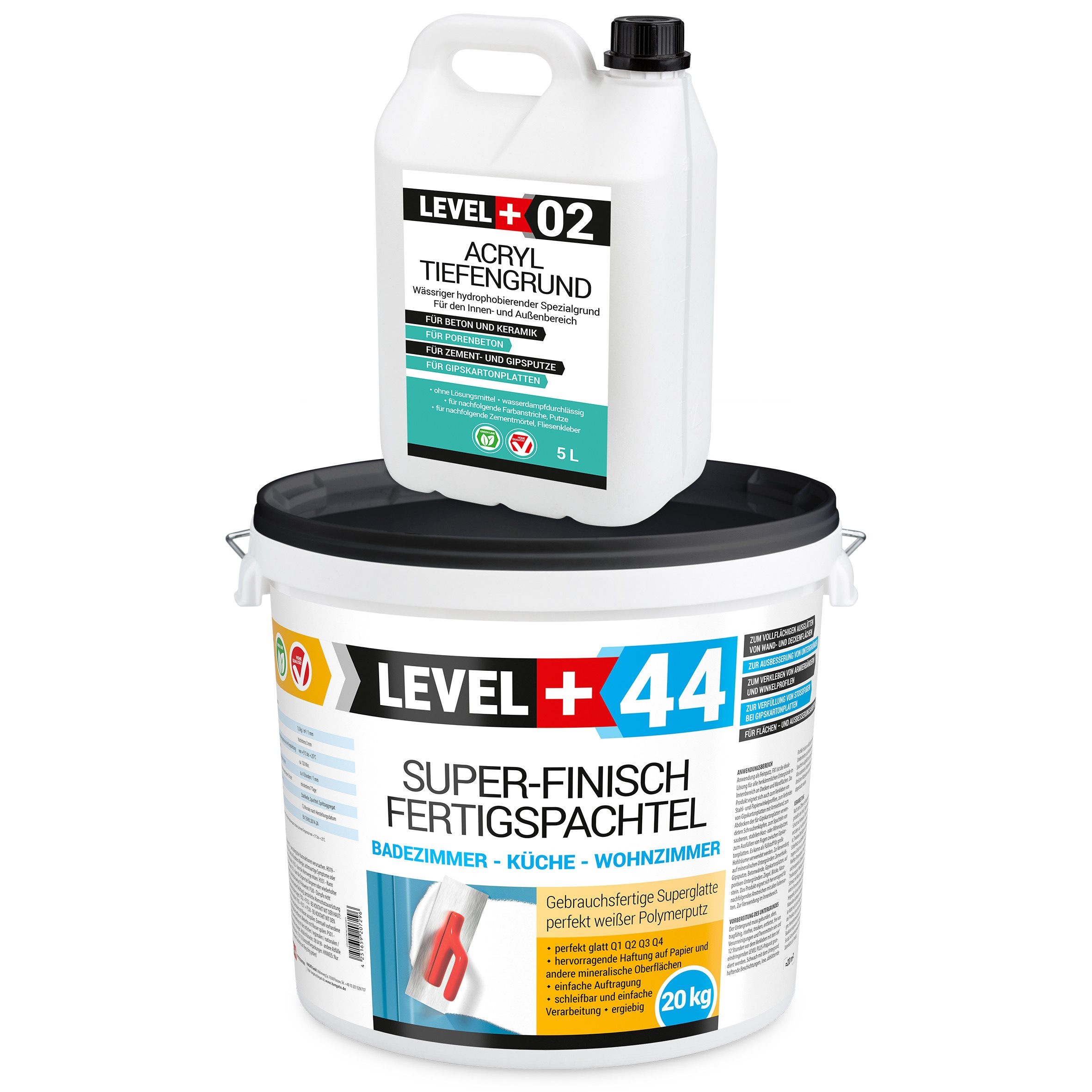 Level+ Fertigspachtel Fertigspachtel 20kg Spachtelmasse und Acryl Tiefengrund SET603