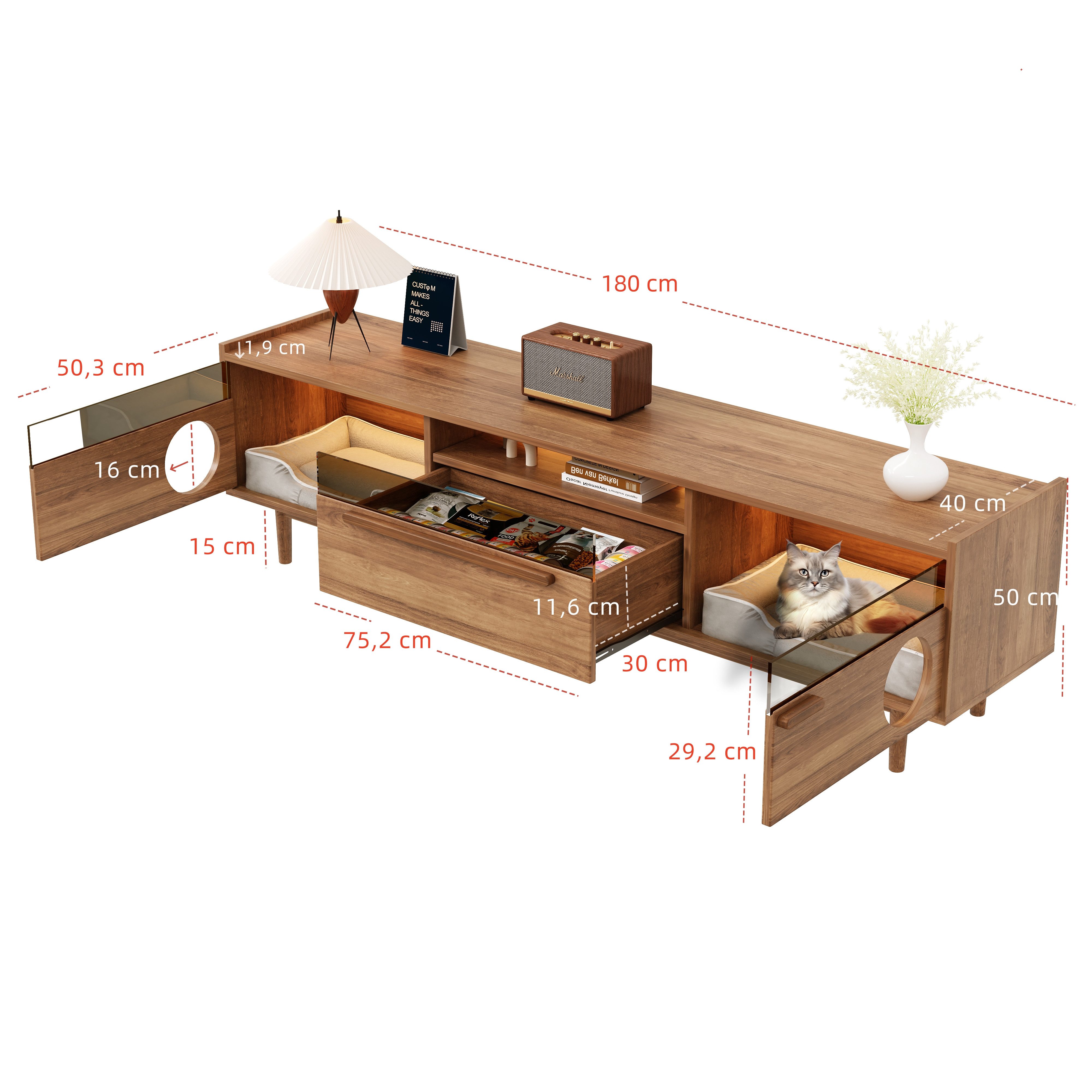 Celya Lowboard Moderner Fernsehschrank mit LED-Beleuchtung (stahlverstärkten Glastüren & 1 Schublade, ohne Katzenkissen, Nussbaumfarben, 180×40×50 cm), mit Katzenruheraum, Stützhebeln