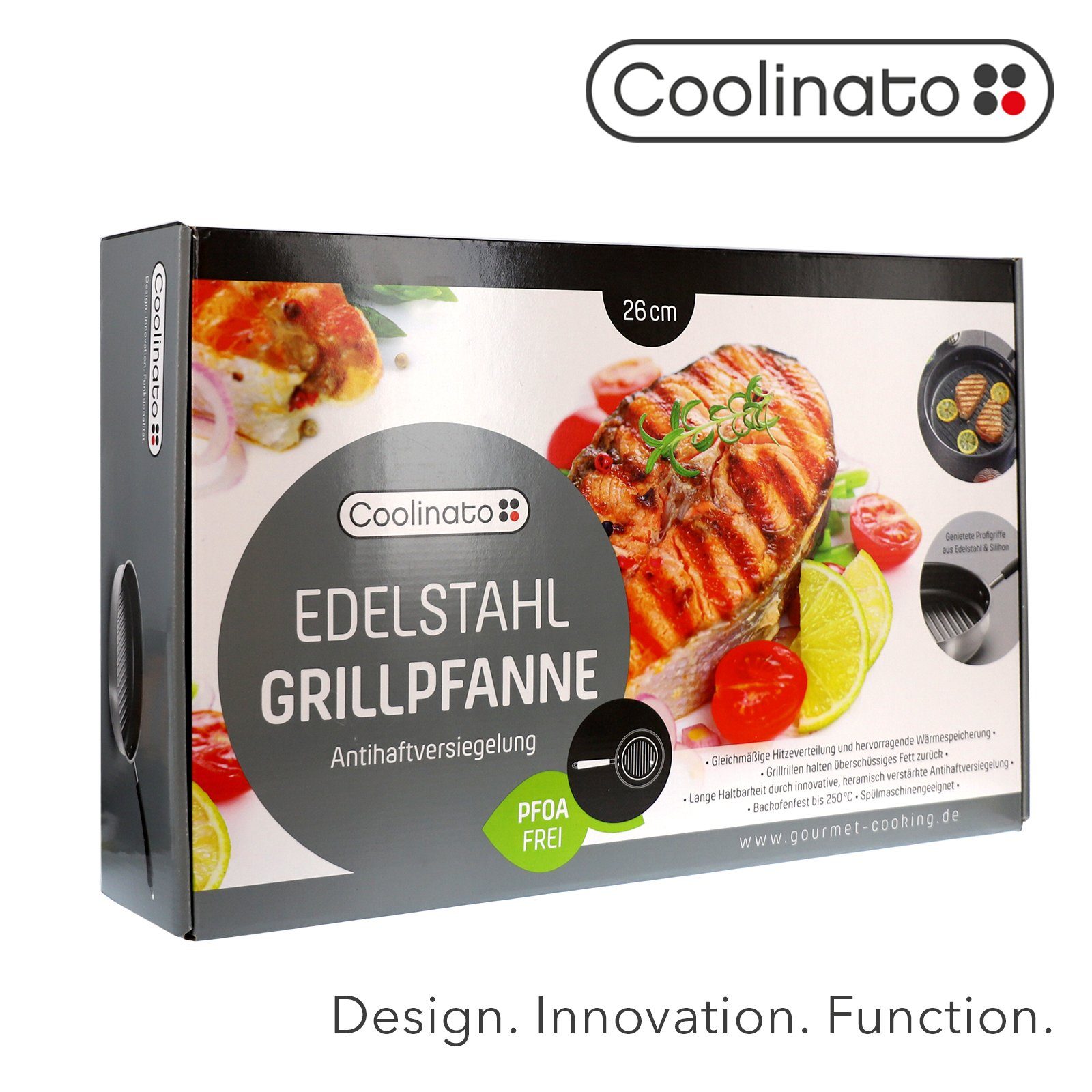 Coolinato Grillpfanne 26cm Silikongriff (Grillpfannenset), Edelstahl mit antihaftbeschichtet, Pfanne –