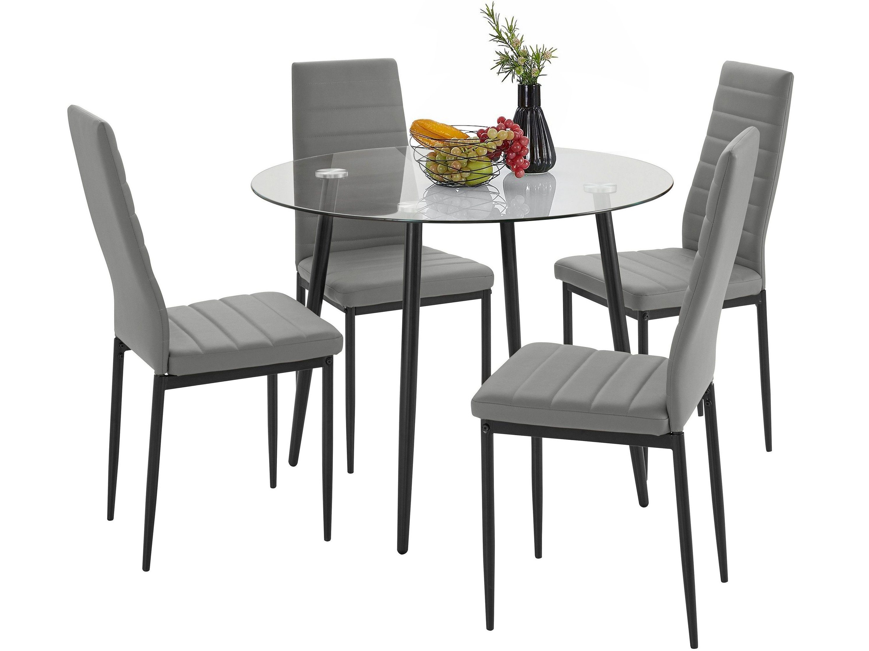 loft24 Essgruppe Darius, (Set, Stühle Tisch), 4 runder Stühle, grau mit 5-tlg., Kunstleder Ø100 Glastisch Bezug 1 4 cm, aus