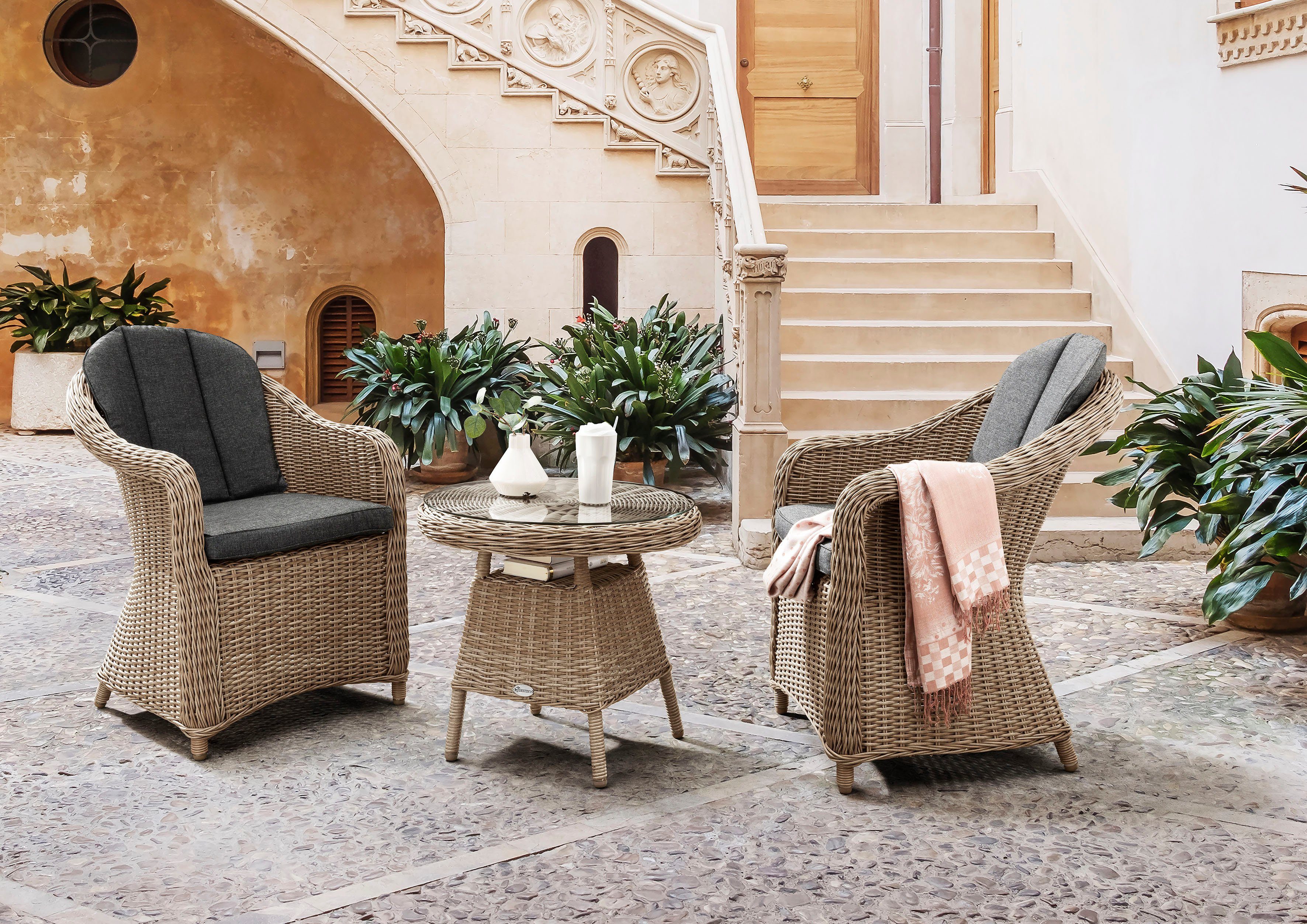 Destiny Balkonset MALAGA 2 Se + Kaffeetisch Ø 60x55cm, natur meliert, (Set, 7-tlg., 2 Sessel inkl. Polster, 1 Tisch mit aufgelegter Glasplatte), Aluminium, Polyrattan