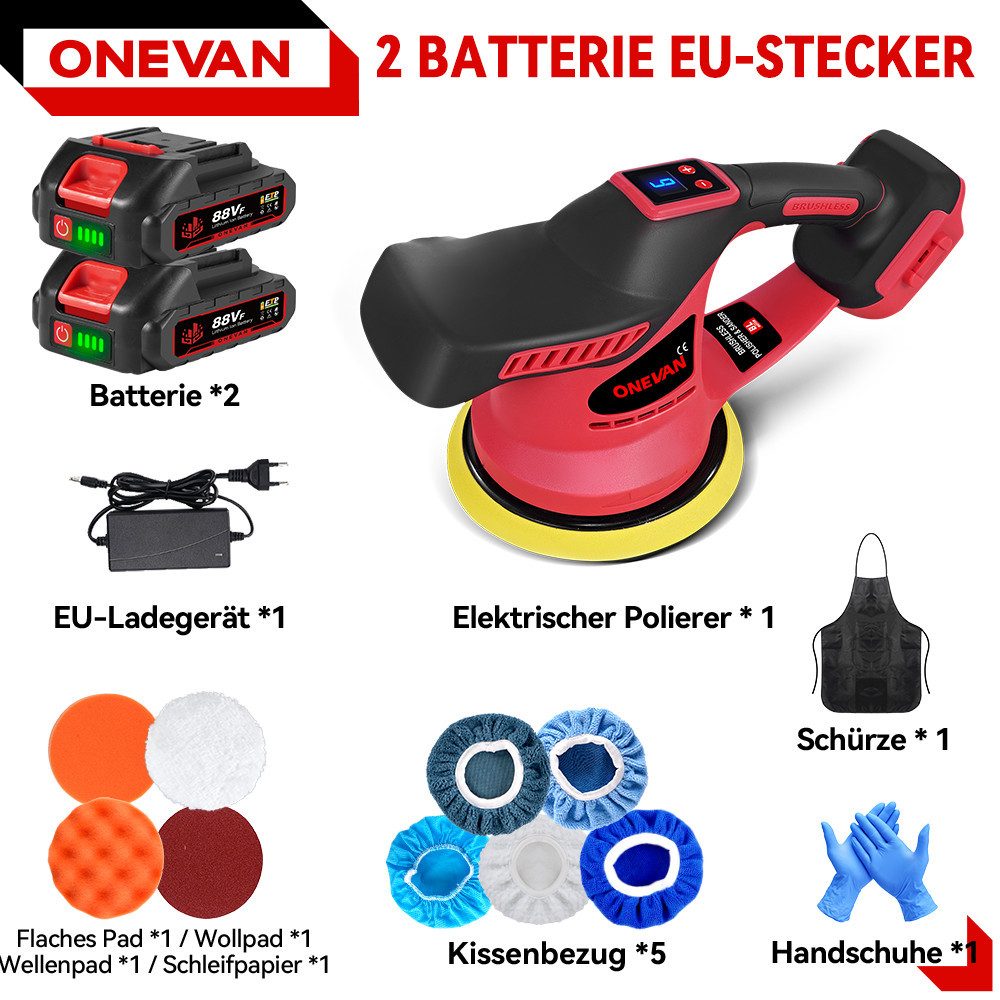 ONEVAN Cordless Polisher Set 150mm Car Polishing Kit 5800 RPM Polisher, 2500 min. RPM, 8500 max. RPM, with 2 Batteries for Car, Metal, Furniture, Car Care
