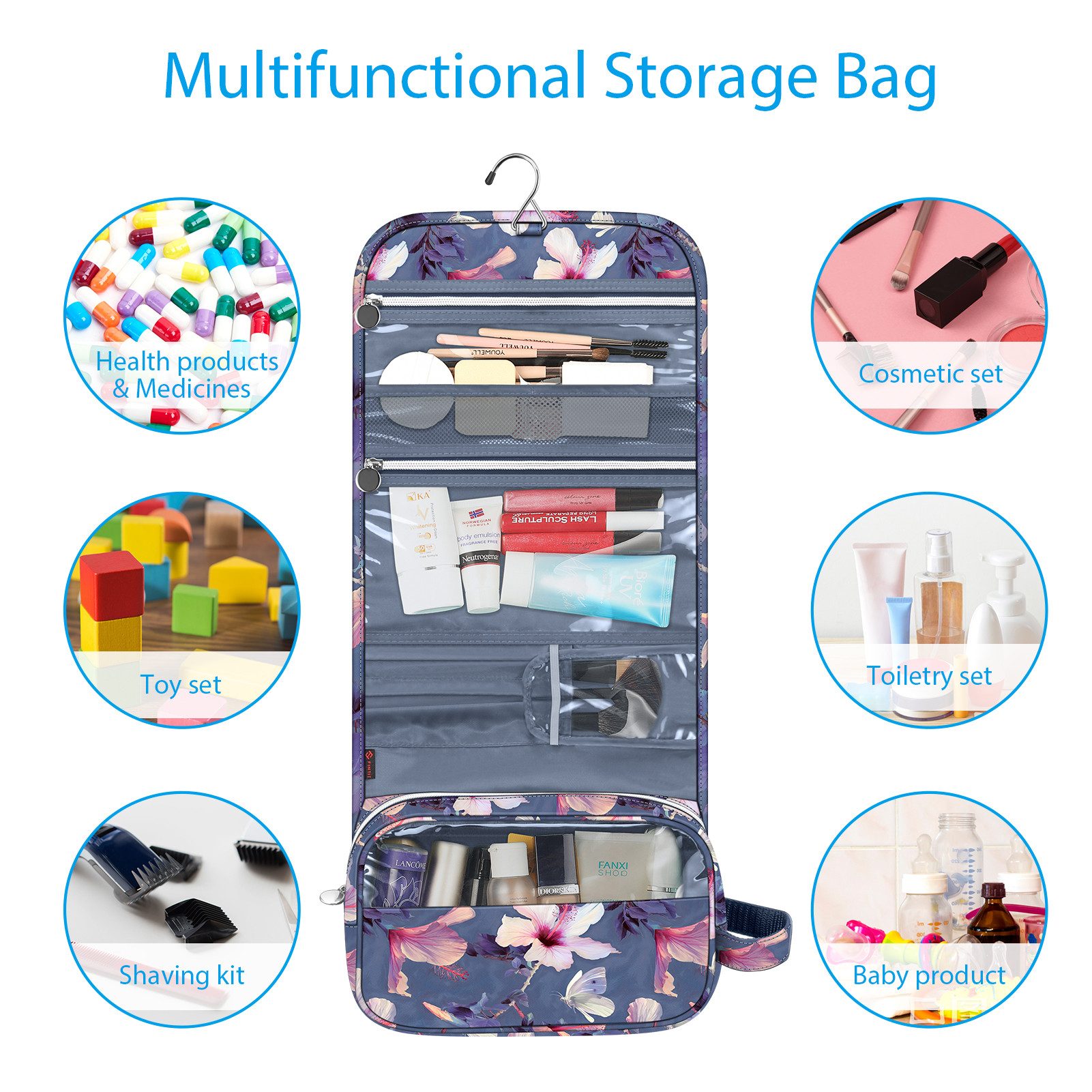 Fintie Kulturbeutel Tragbare Kulturtasche Kosmetiktasche Reisetasche, Große wasserdichte, Aufhängen Make-up Organizer Stauraum Tasche für Damen Mädchen – Bild 4 von 5