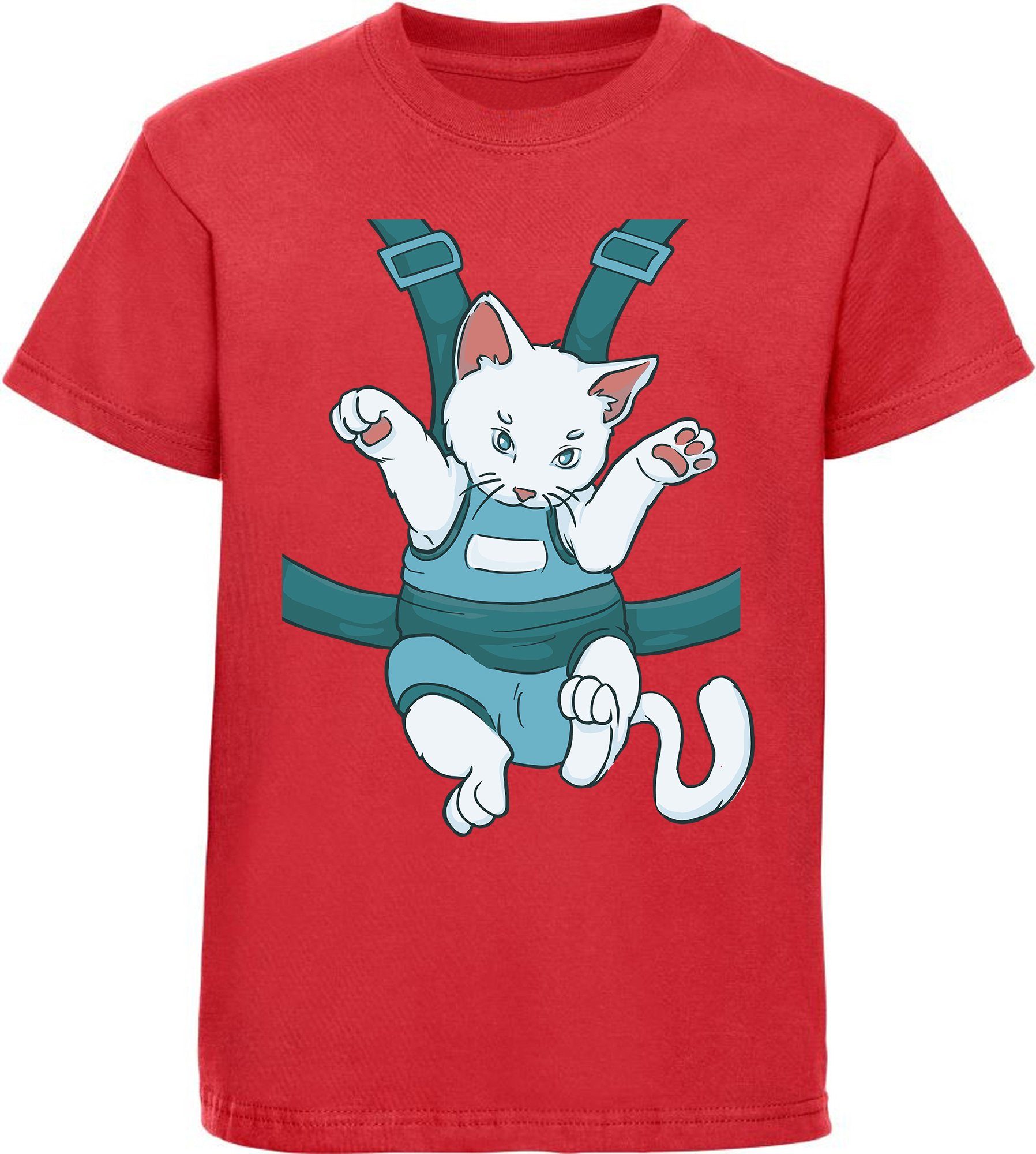 MyDesign24 Print-Shirt bedrucktes Mädchen T-Shirt Katze in einem Tragegurt Baumwollshirt mit Katze, weiß, schwarz, rot, rosa, i110