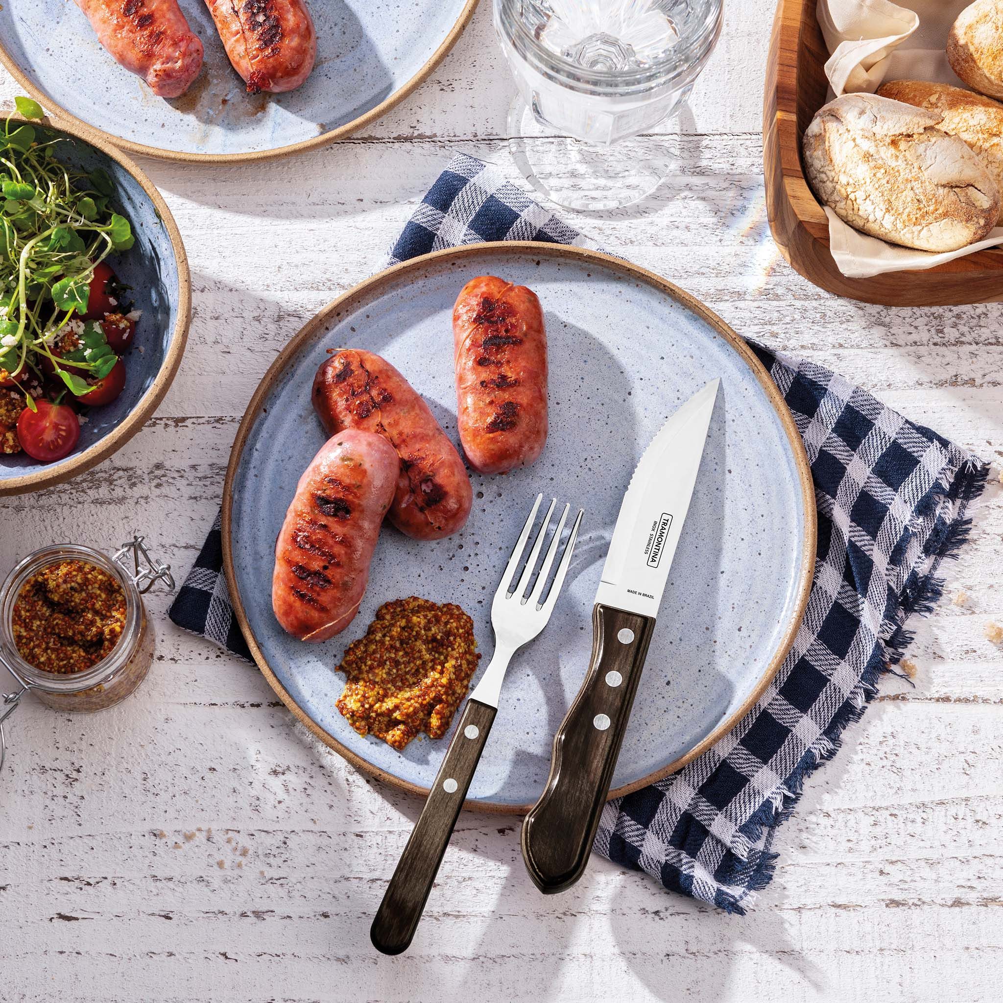 Tramontina Steakbesteck 12-tlg. Set, rostfreier Edelstahl, scharfer Wellenschliff (12-tlg), 6 Personen, Edelstahl, Edelstahl, für 6 Personen, FSC Echtholzgriff, spülmaschinenfest