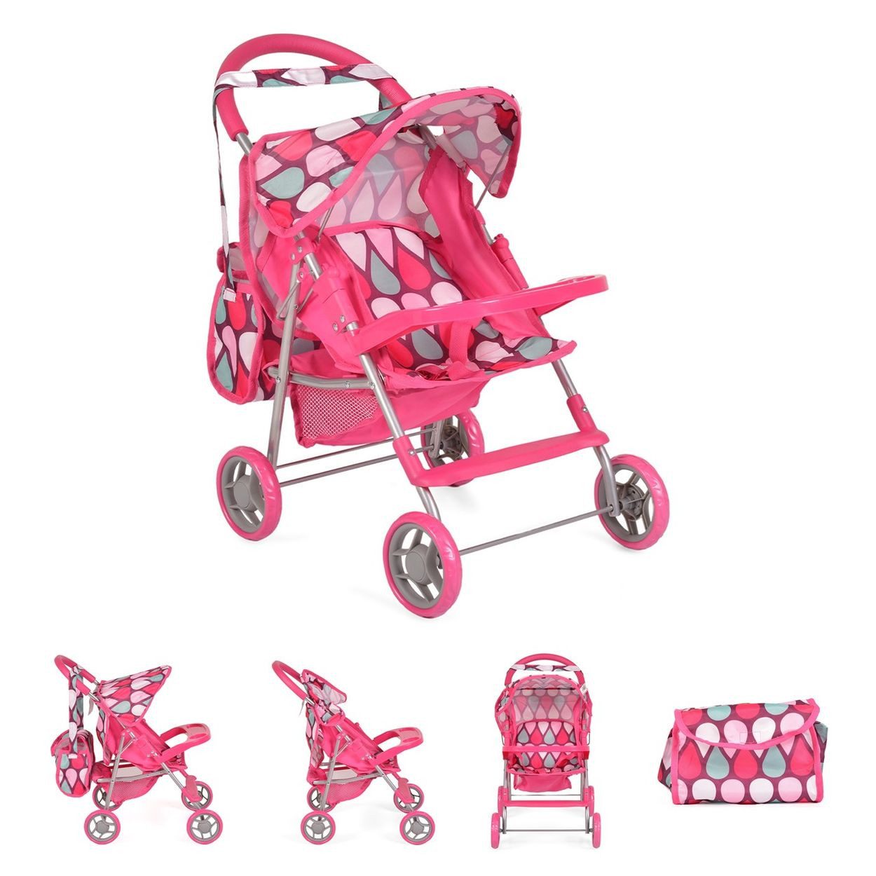 Moni Puppenbuggy 9617, Schiebehöhe 50 cm, Sonnendach, Sicherheitsgurt, Polyester, ab 3 Jahren