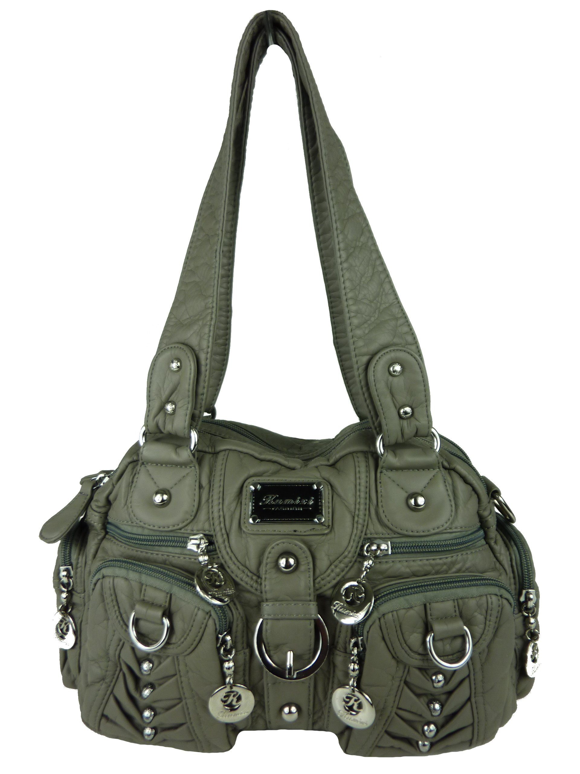 Taschen4life Schultertasche klassische Damen Handtasche (Schultertasche) mit Nieten AKW22032, viele Fächer, verstellbarer abnehmbarer Schulterriemen grau