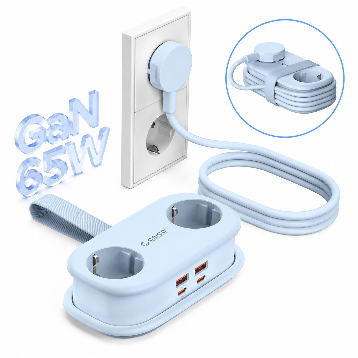 ORICO 65W GaN Schnellladung Mehrfachsteckdose 6-in-1 Steckdosenleiste, Steckdosenverteiler 2-fach (USB-Anschluss, 6-in-1:4x USB-A & USB-C), kompakter Mehrfachstecker für MacBook iPad iPhone Laptop