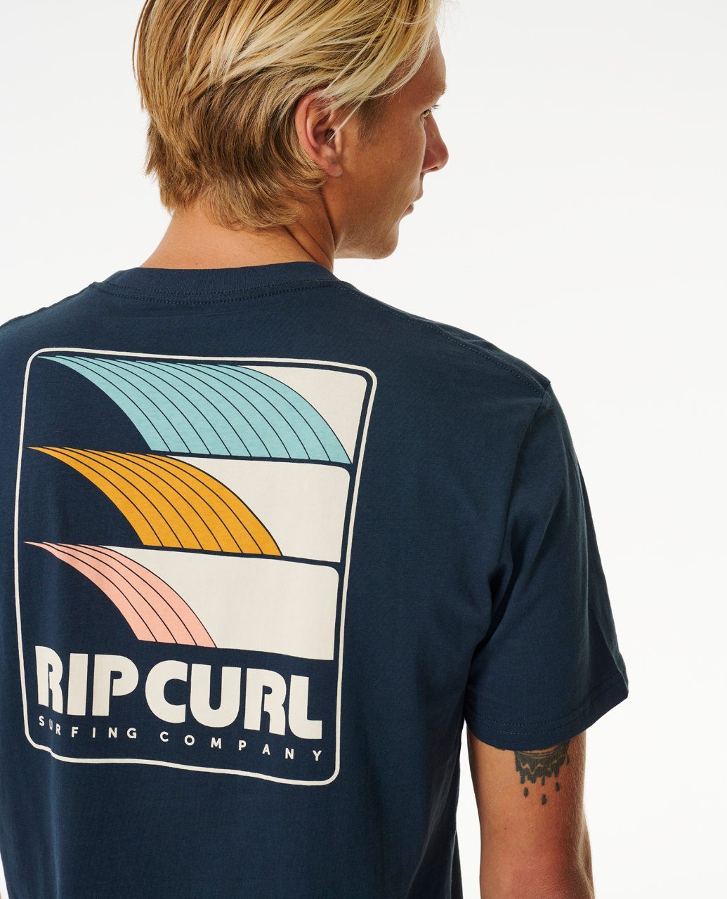 Line T-Shirt Curl Rip navy dark Print-Shirt Kurzärmeliges Up Revival Surf