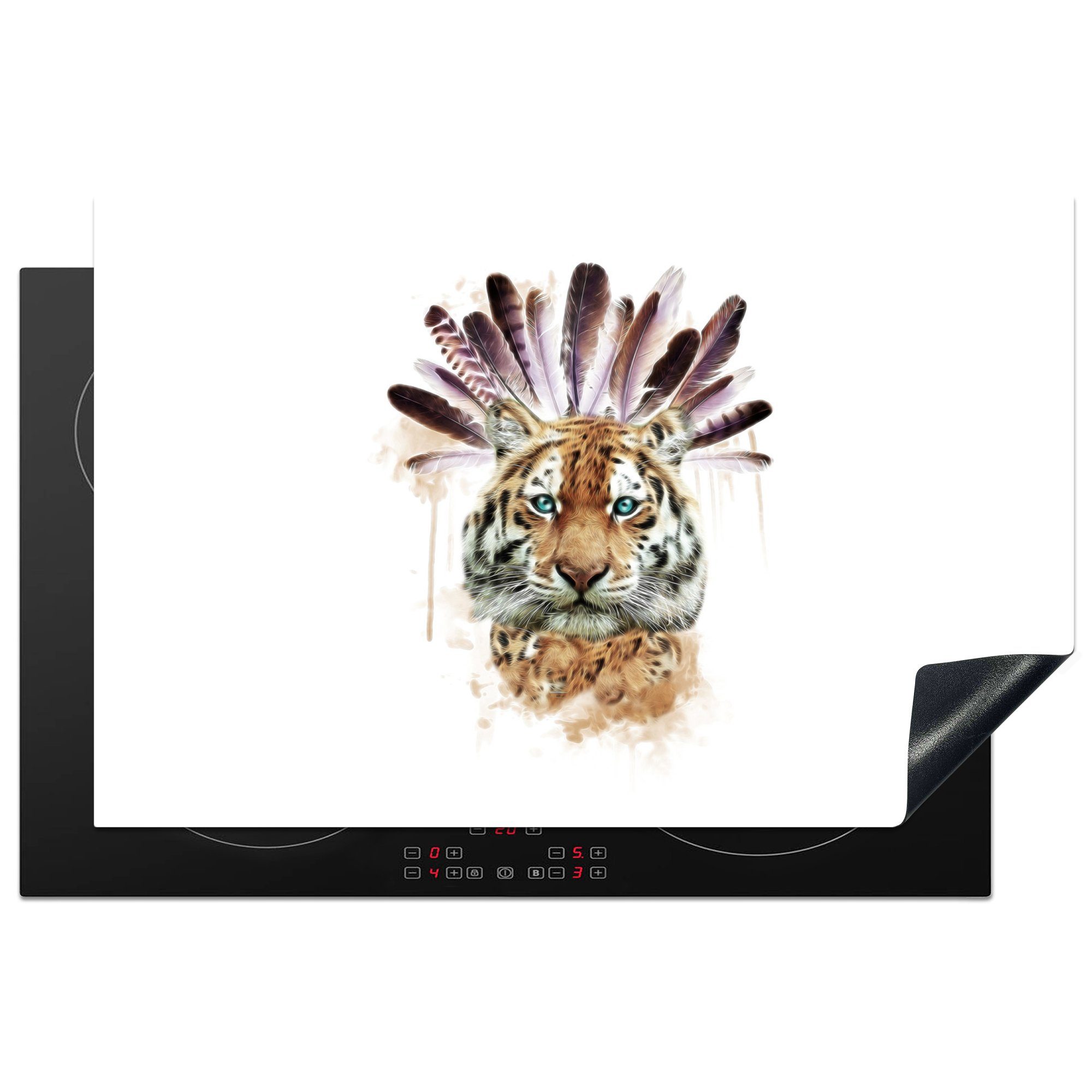 MuchoWow Herdblende-/Abdeckplatte Tiger - Kopf - Federn, Vinyl, (1 tlg), 81x52 cm, Induktionskochfeld Schutz für die küche, Ceranfeldabdeckung