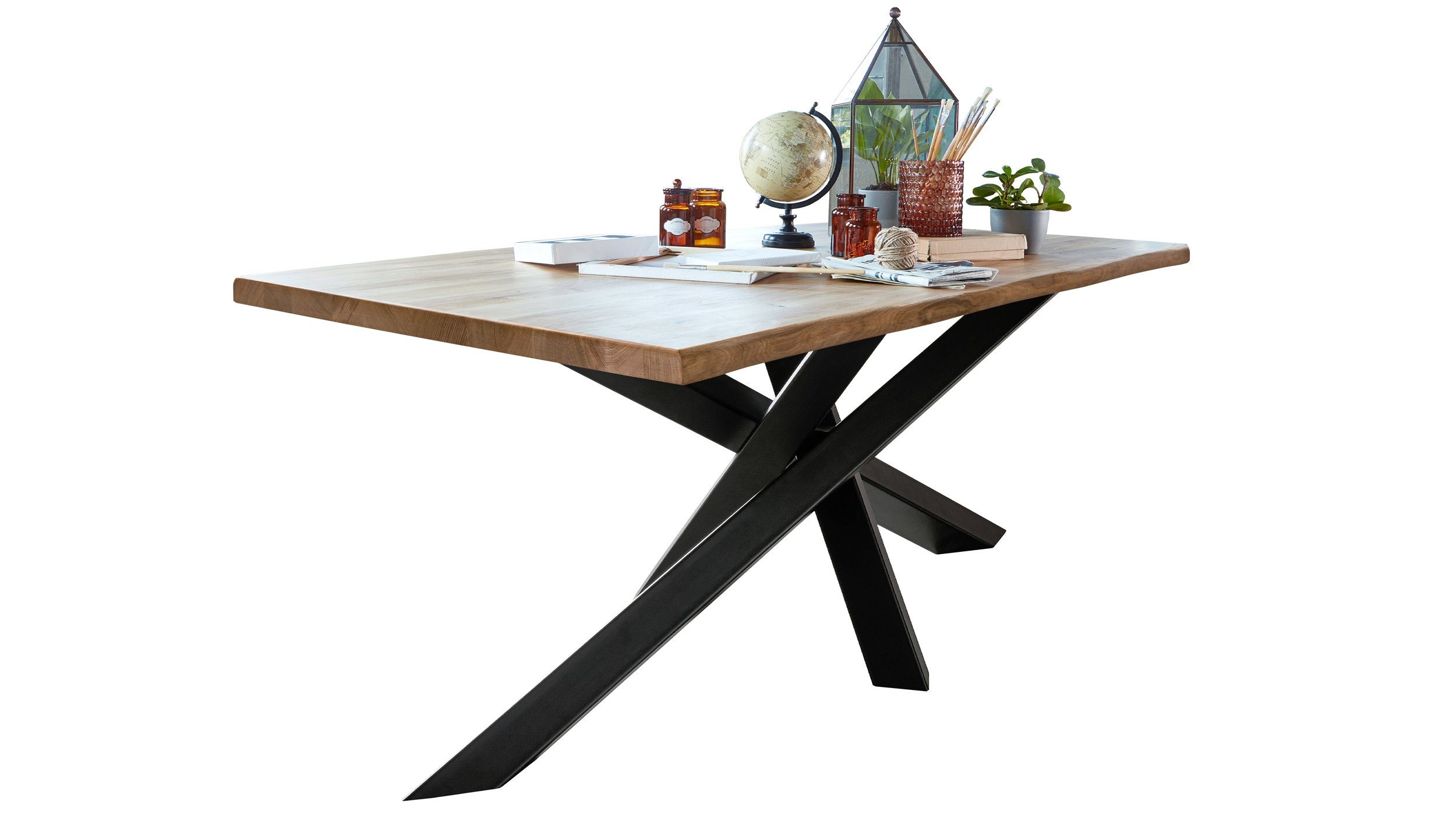 Massivart® Baumkantentisch ANDO / 200 x 100 cm / Wildeiche massiv geölt, 40 mm Tischplattenstärke / Gestell Metall schwarz lackiert