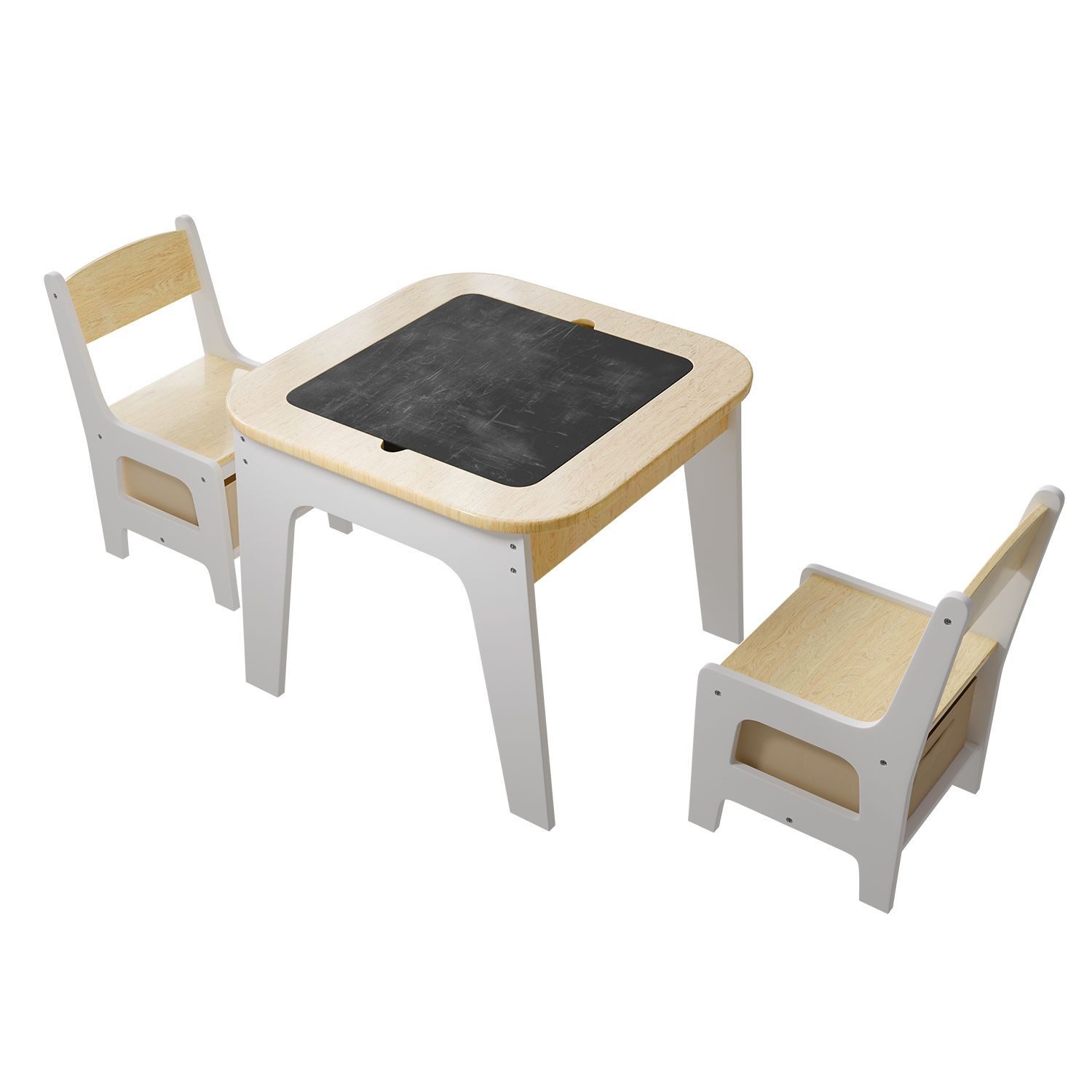 Juskys Kindersitzgruppe Milou, Set mit 2 Stühlen & 1 Tisch, Holz Spieltisch, Stauraum & Wendeplatten
