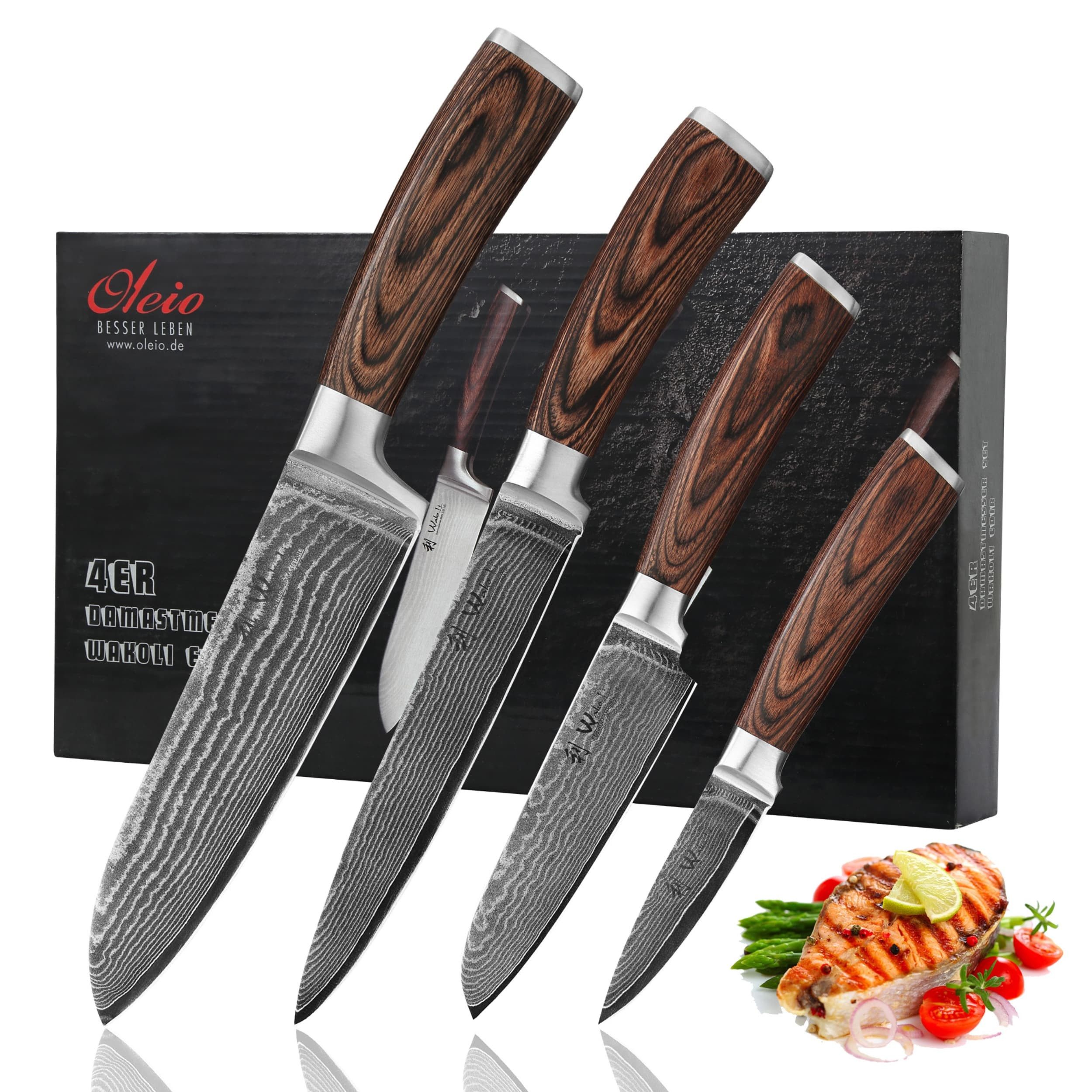 Wakoli Messer-Set Edib 4er Damastmesserset I 8 - 18cm Klinge I Pakkaholzgriff (4-tlg)