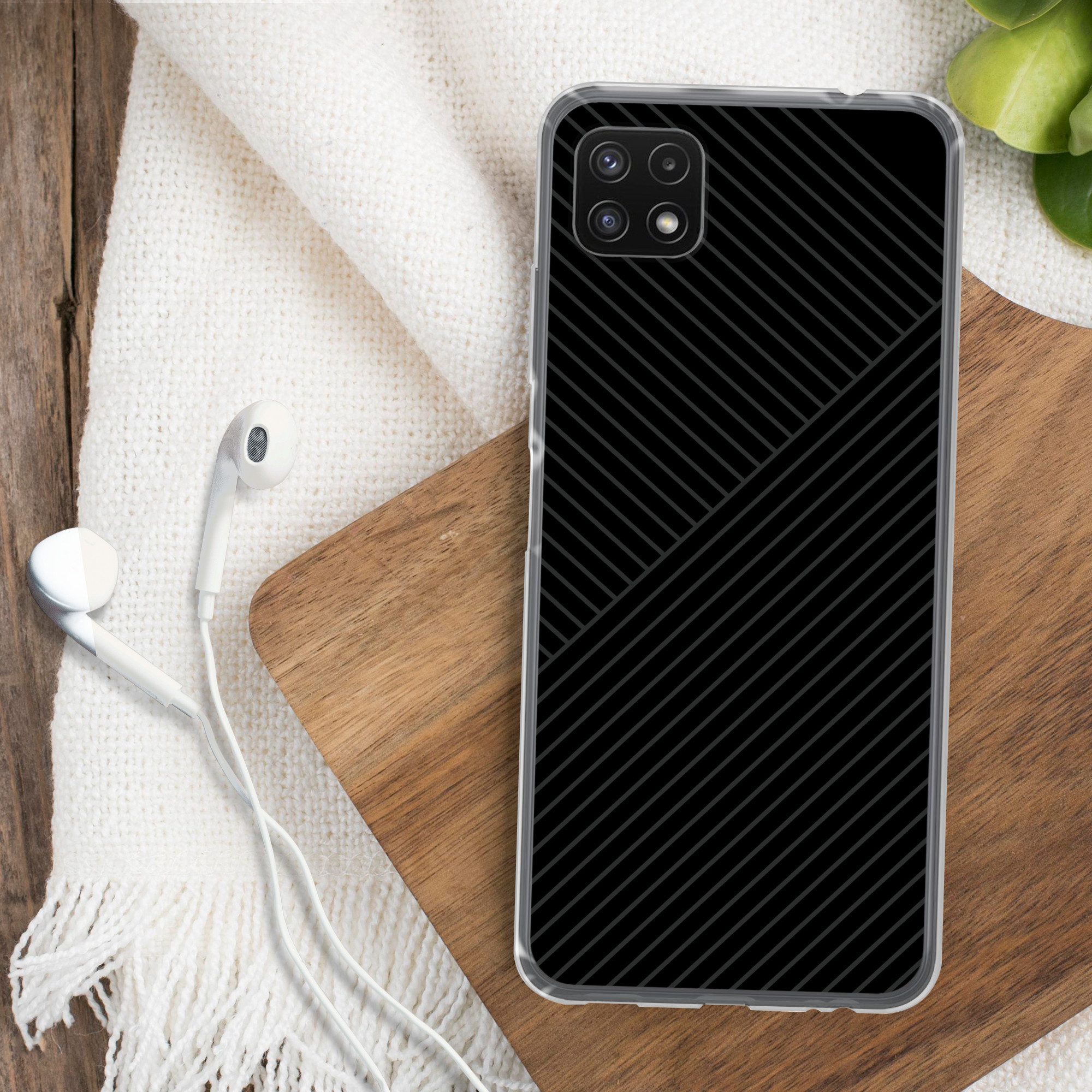 MuchoWow Handyhülle für Samsung Galaxy A22 5G Linien - Abstrakt - Schwarz - Grau - Minimal, Smartphone-Bumper, Print, Handy Schutzhülle Dünn