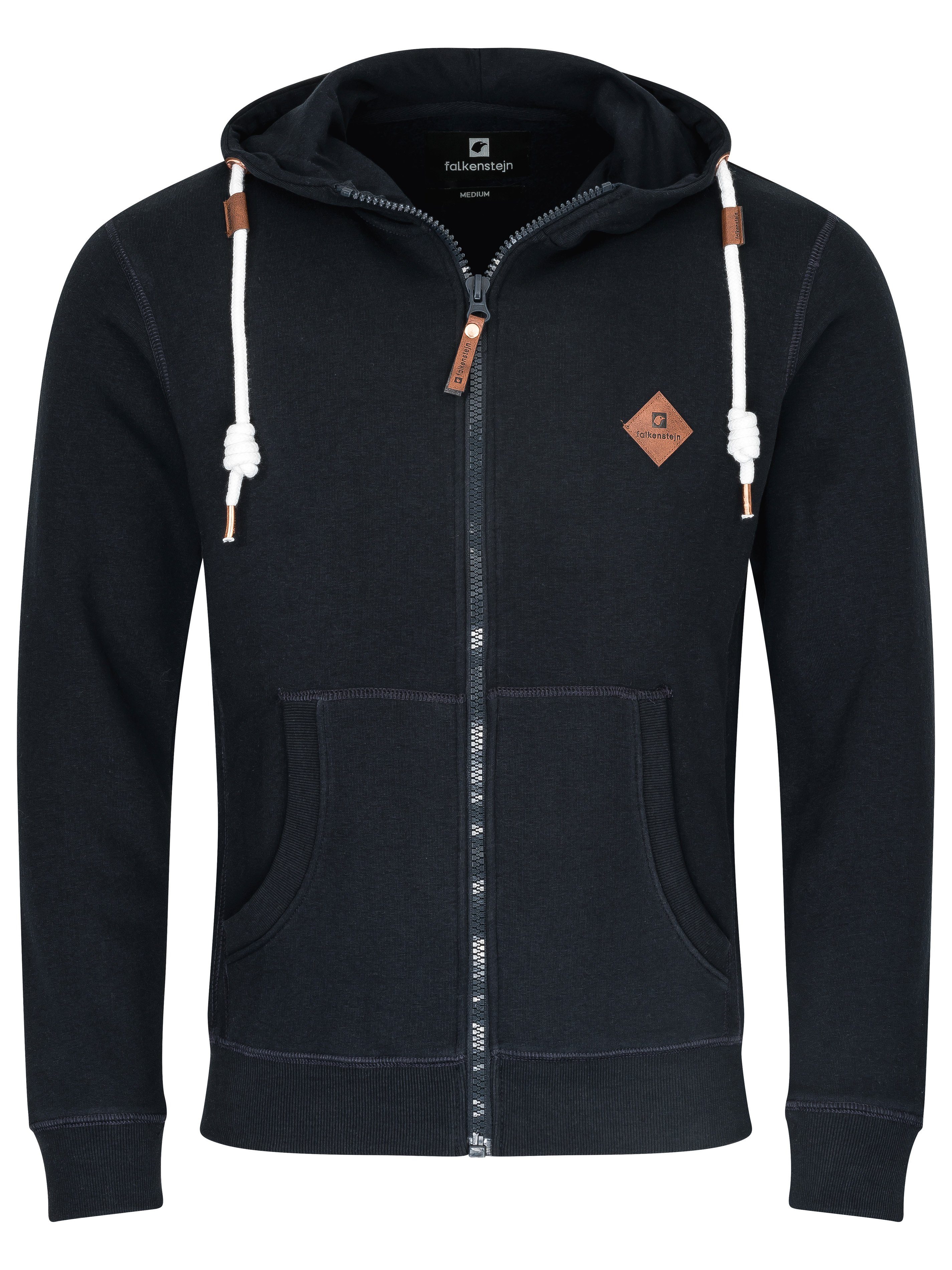 Kapuzensweatjacke Logolederpatch stylischer mit Navy Sweatjacke FALKENSTEJN Kapuzenpullover Colesburg