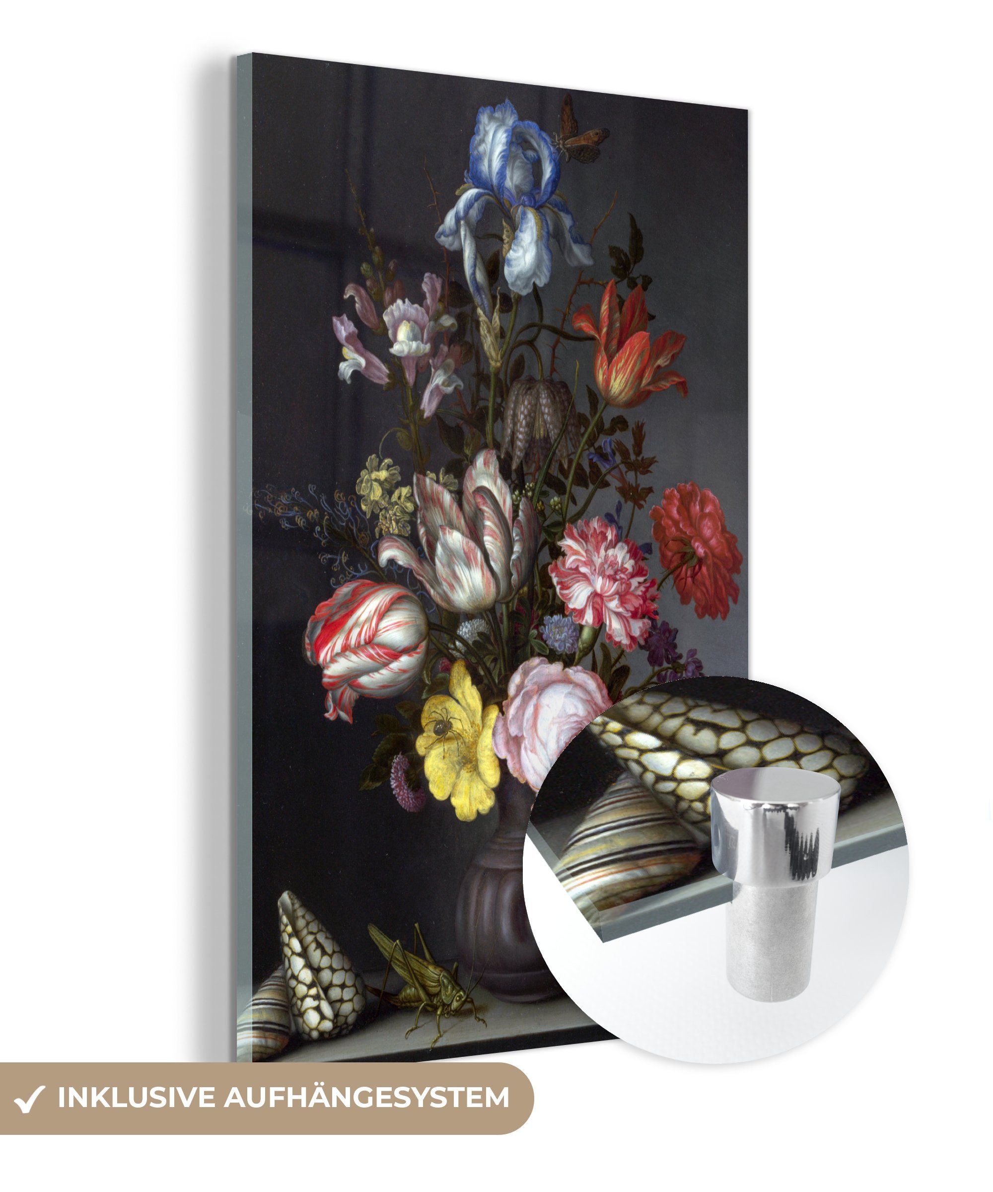 MuchoWow Acrylglasbild Blumen in einer Vase mit Muscheln und Insekten - Balthasar van der Ast, (1 St), Glasbilder - Bilder auf Glas Wandbild - Foto auf Glas - Wanddekoration bunt