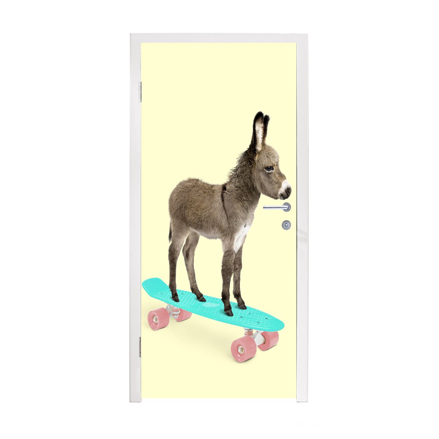 Esel Gelb, Türtapete Türaufkleber, MuchoWow 75x205 - Matt, cm Tür, (1 bedruckt, Fototapete - Braun Tiere Skateboard St), - - für
