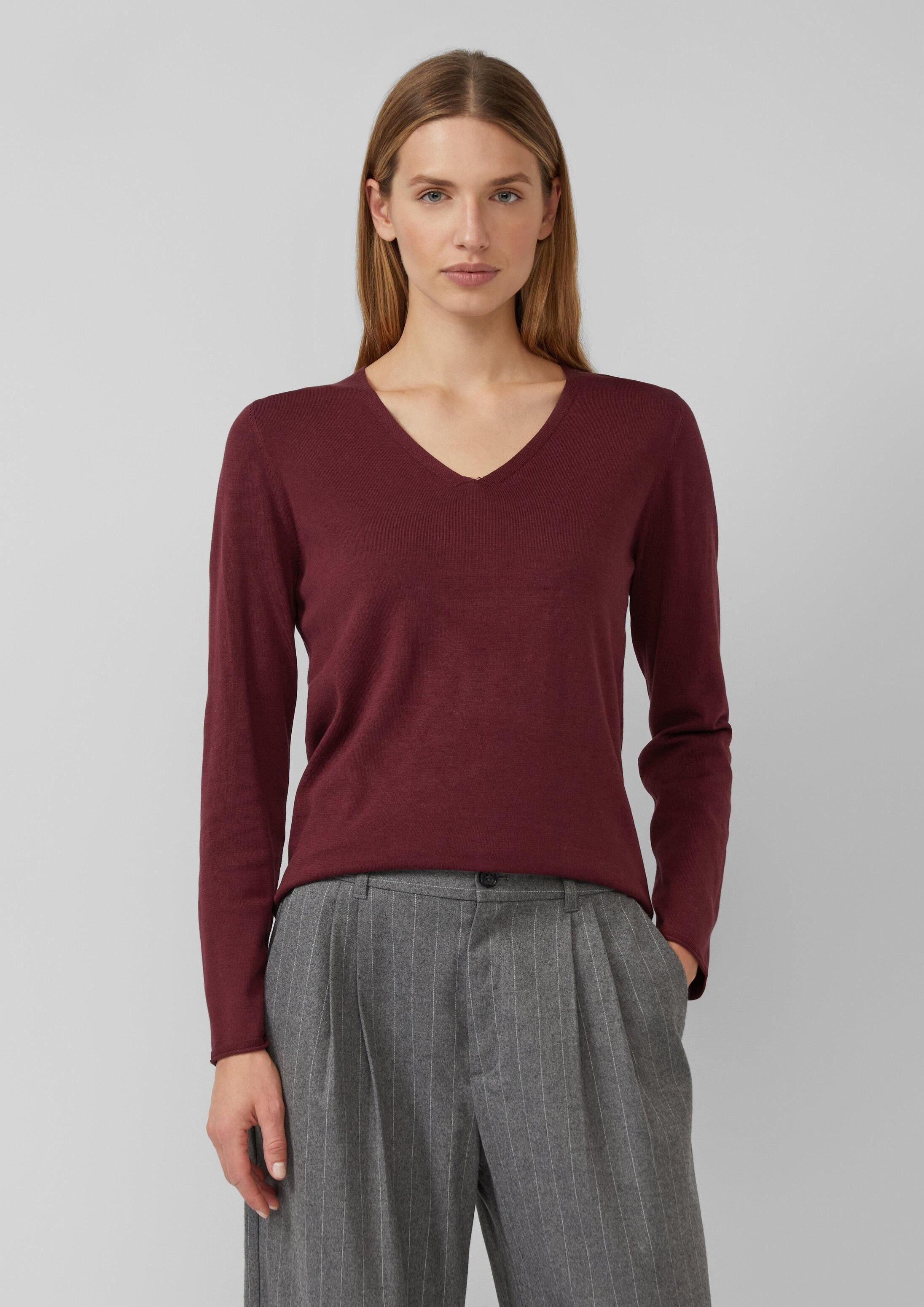s.Oliver Longpullover Strickpullover Feinstrickpullover mit V-Ausschnitt und Rollkante am Saum
