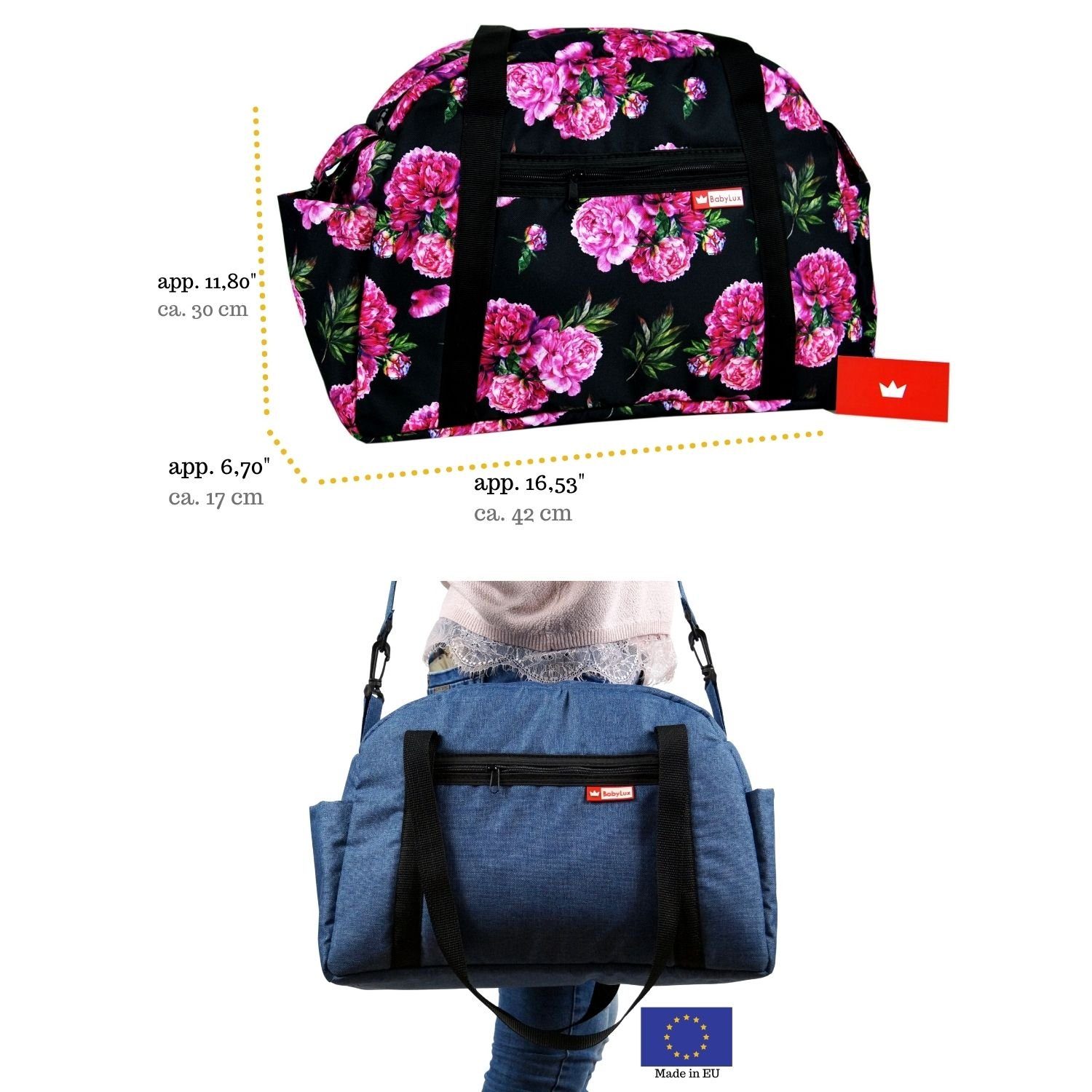 BabyLux Wickeltasche BabyLux Wickeltasche COLORFUL Kinderwagen Buggy Große Handtasche, 77. Schwarz + Päonien